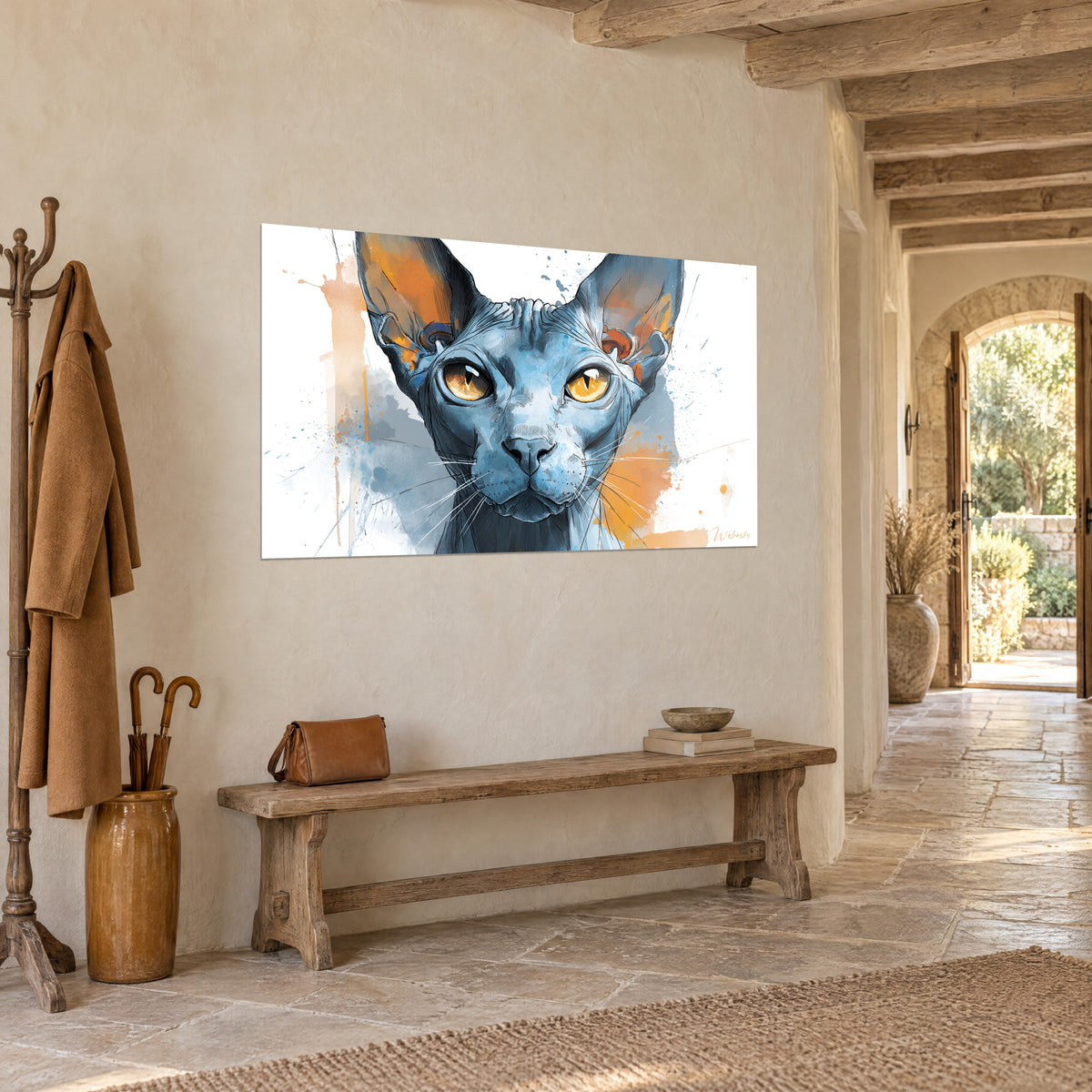 Cuadro retrato felino desnudo de orejas enormes, azul pizarra y naranja quemado, de tres cuartos sobre un muro de piedra