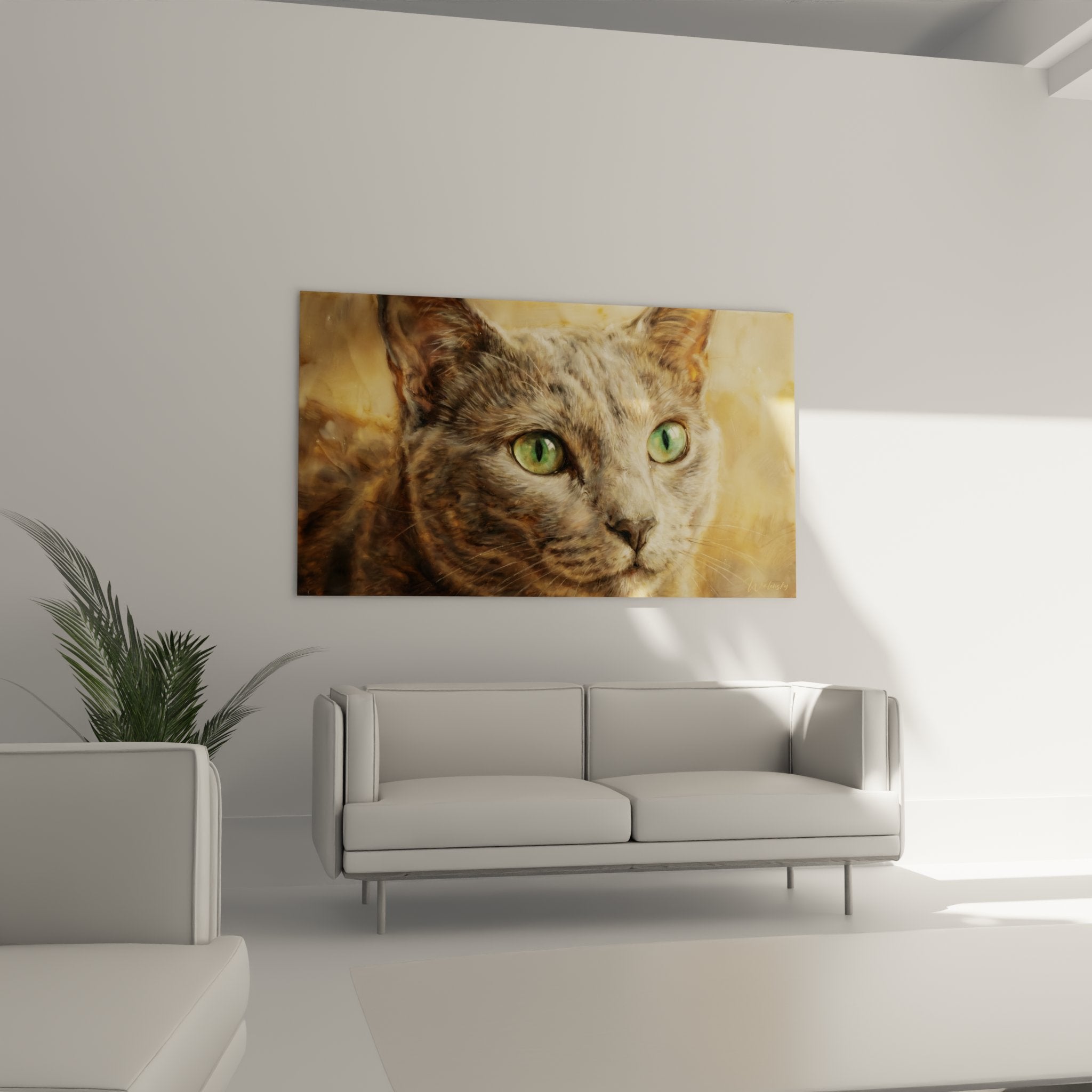 Gros plan tableau chat Russian Blue yeux verts, detail peinture feline, art mural premium