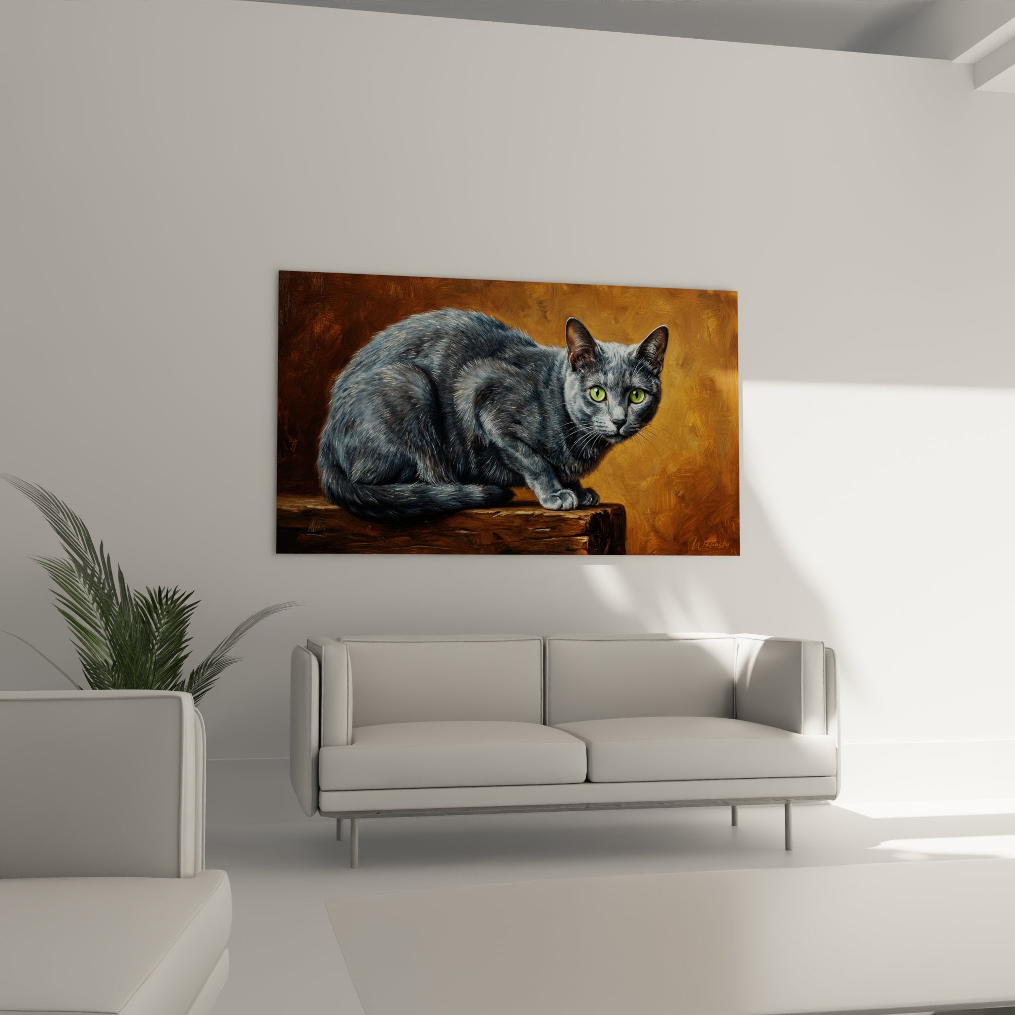 Dettaglio ravvicinato quadro gatto Korat, manto grigio argento texture realistica, occhi verdi smeraldo espressivi