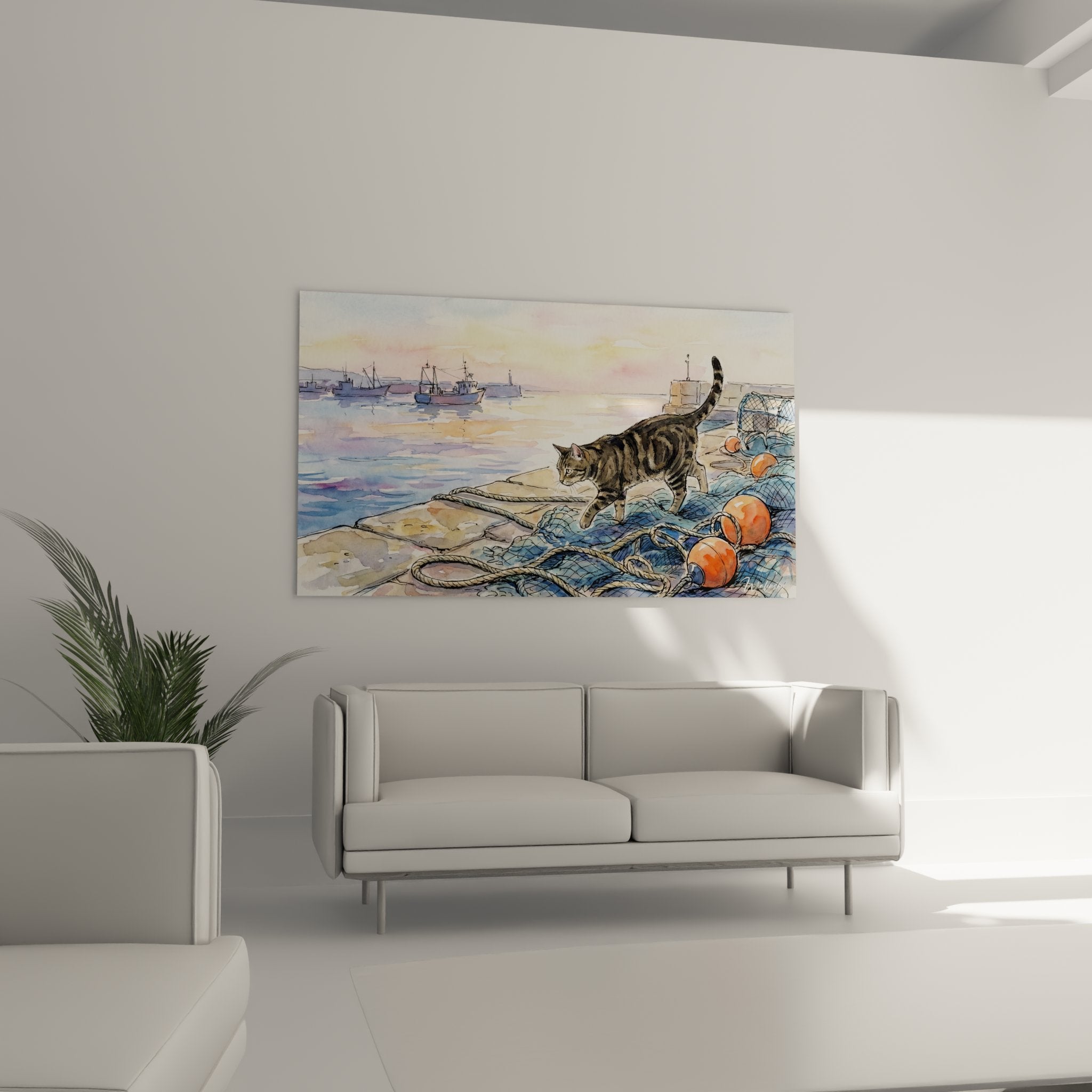 Détail aquarelle chat European Shorthair entre filets pêche et bouées orange, art maritime félin qualité