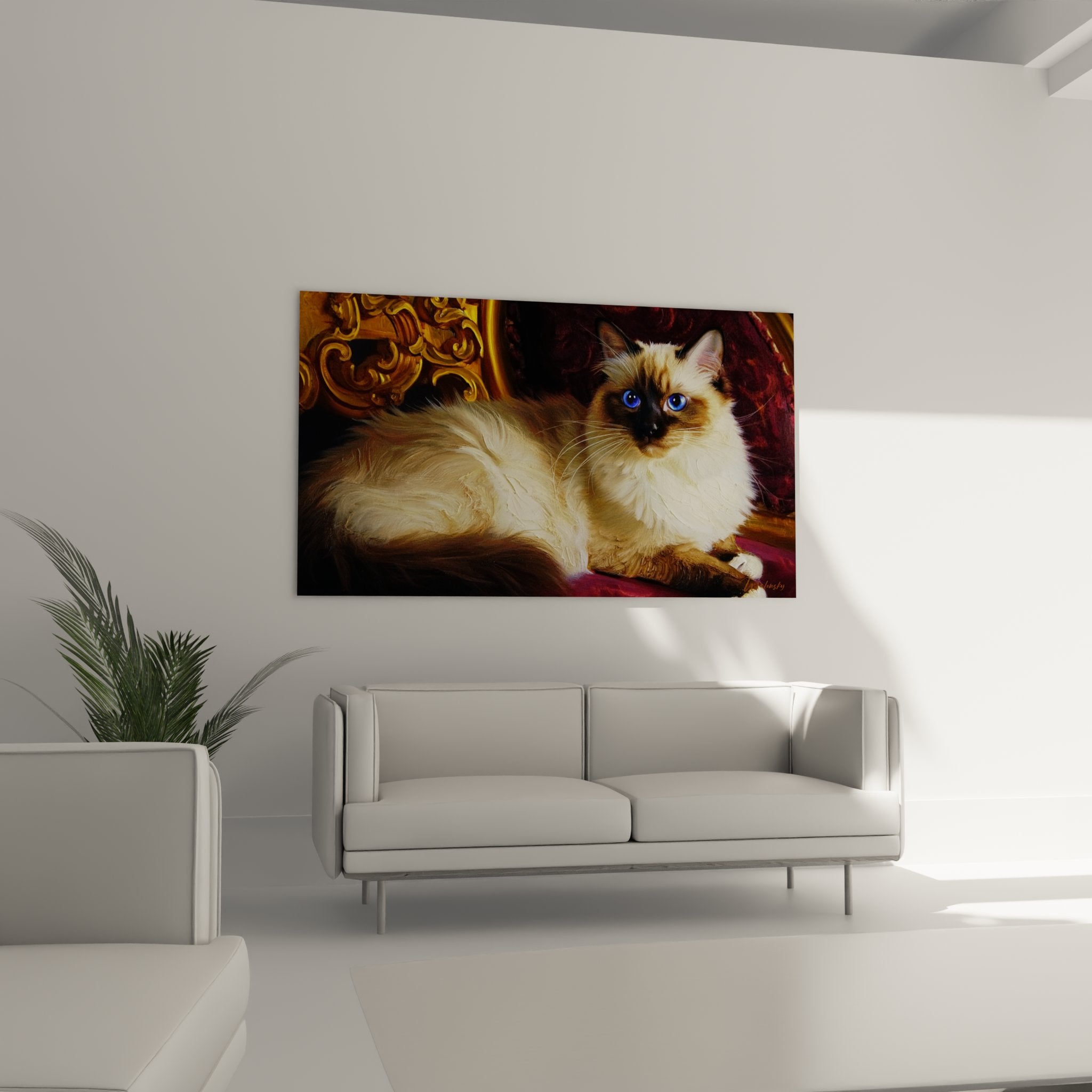 Primo piano di gatto birmano dagli occhi zaffiro su tessuto rosso, mantello setoso colorpoint in stile artistico