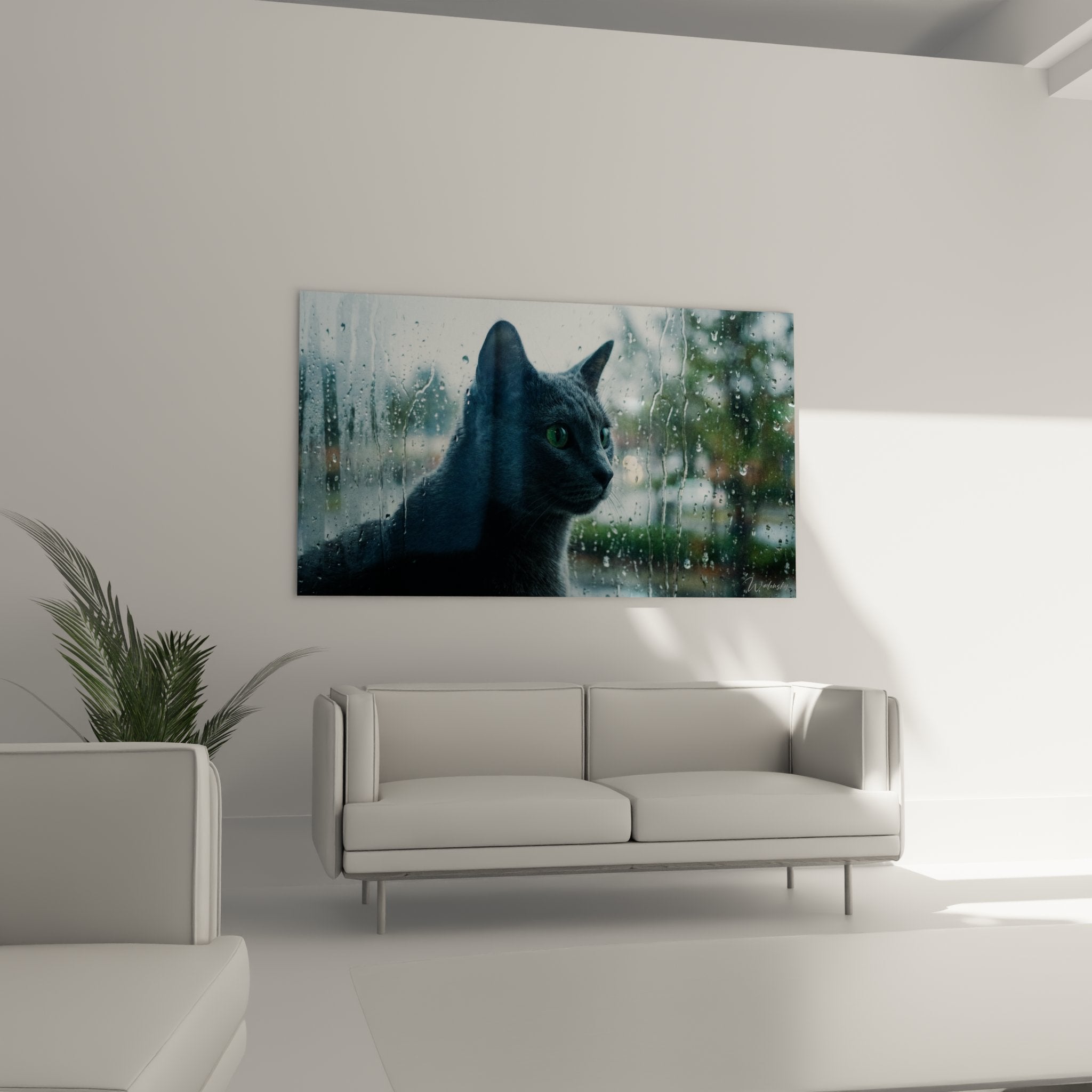 Gros plan portrait chat Russian Blue yeux verts émeraude, pelage argenté, expression contemplative artistique