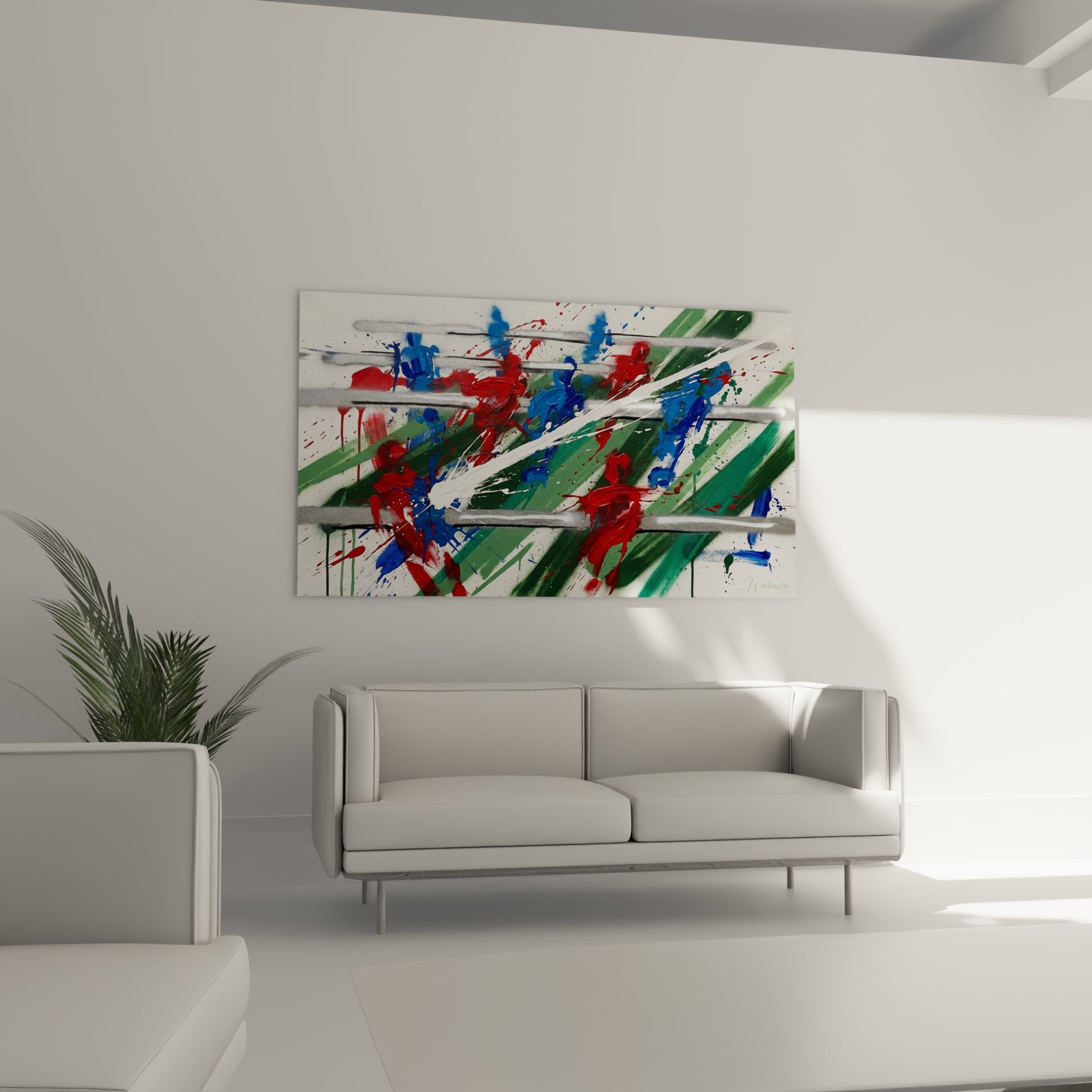 Detail of the foosball painting showcasing paint projection techniques and abstract textures