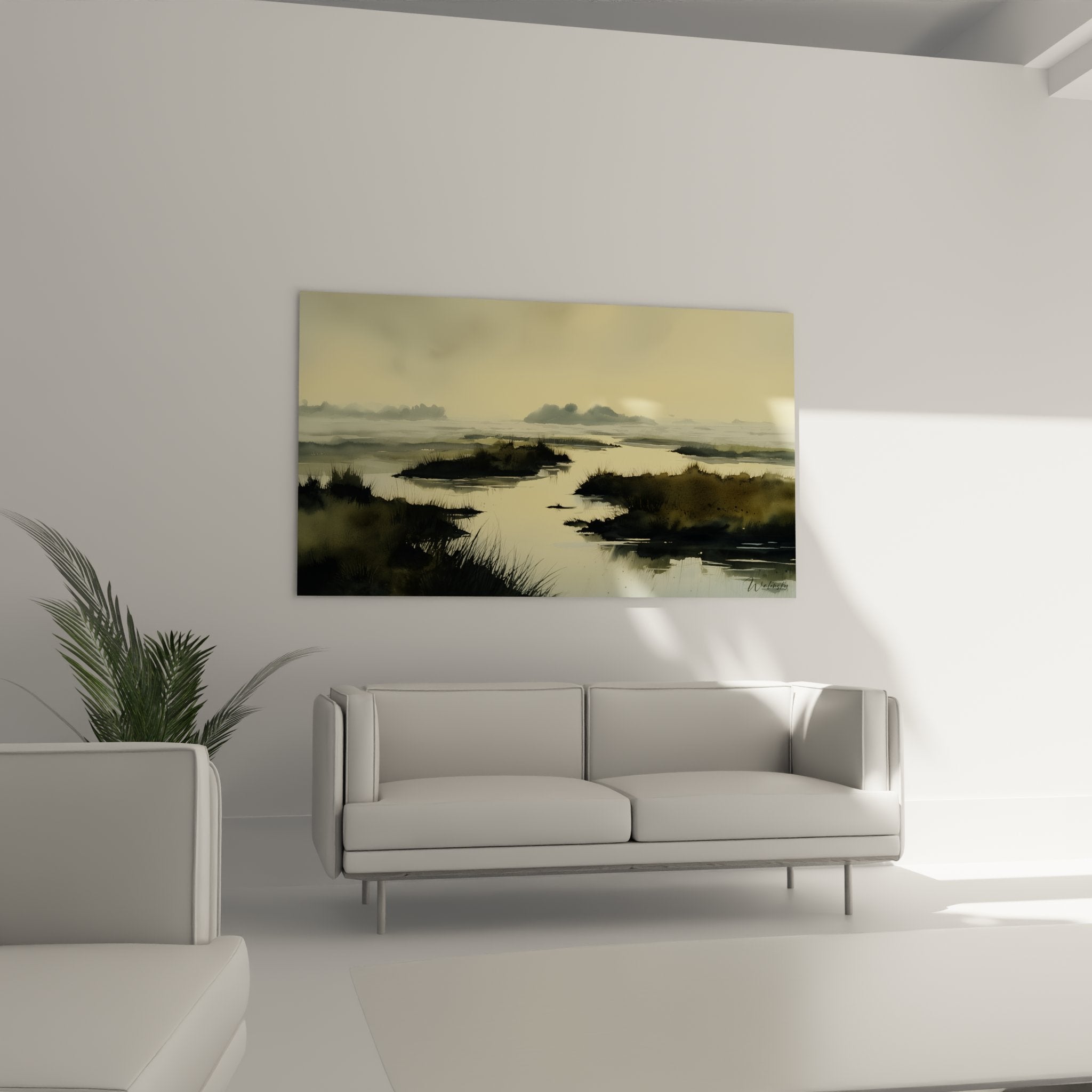 Detail tableau marais normands vegetation aquatique roseaux et reflets lumineux peinture naturaliste