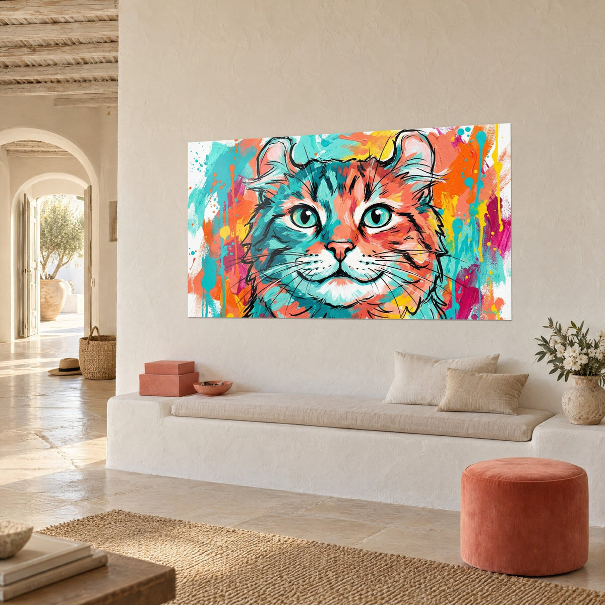 Schilderij kattenportret volledig opgebouwd uit turquoise en koraalkleurige penseelstreken, zwarte snorharen, driekwart aanzicht op een witte bank