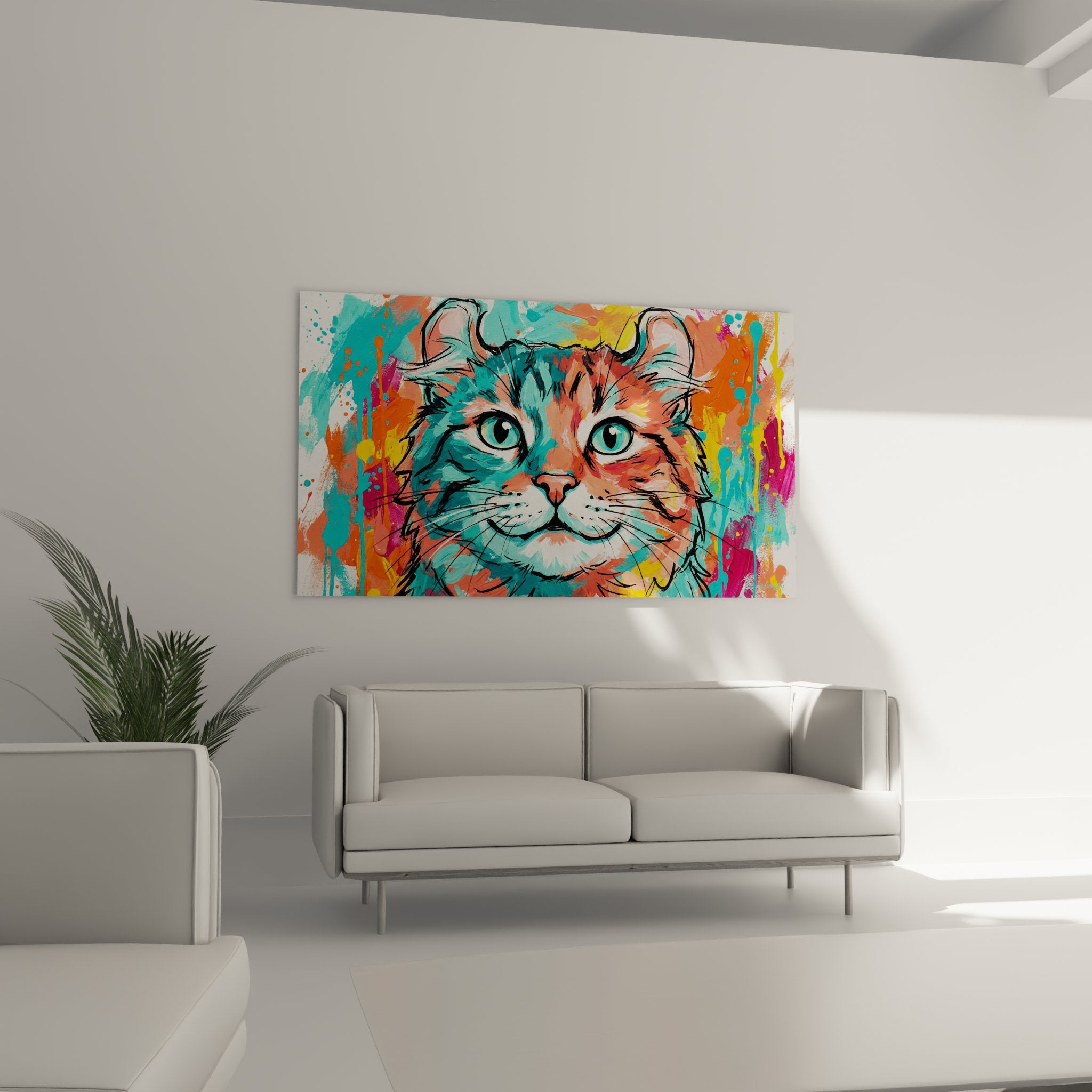 Primo piano quadro gatto American Curl pittura astratta colorata occhi verdi espressivi arte murale