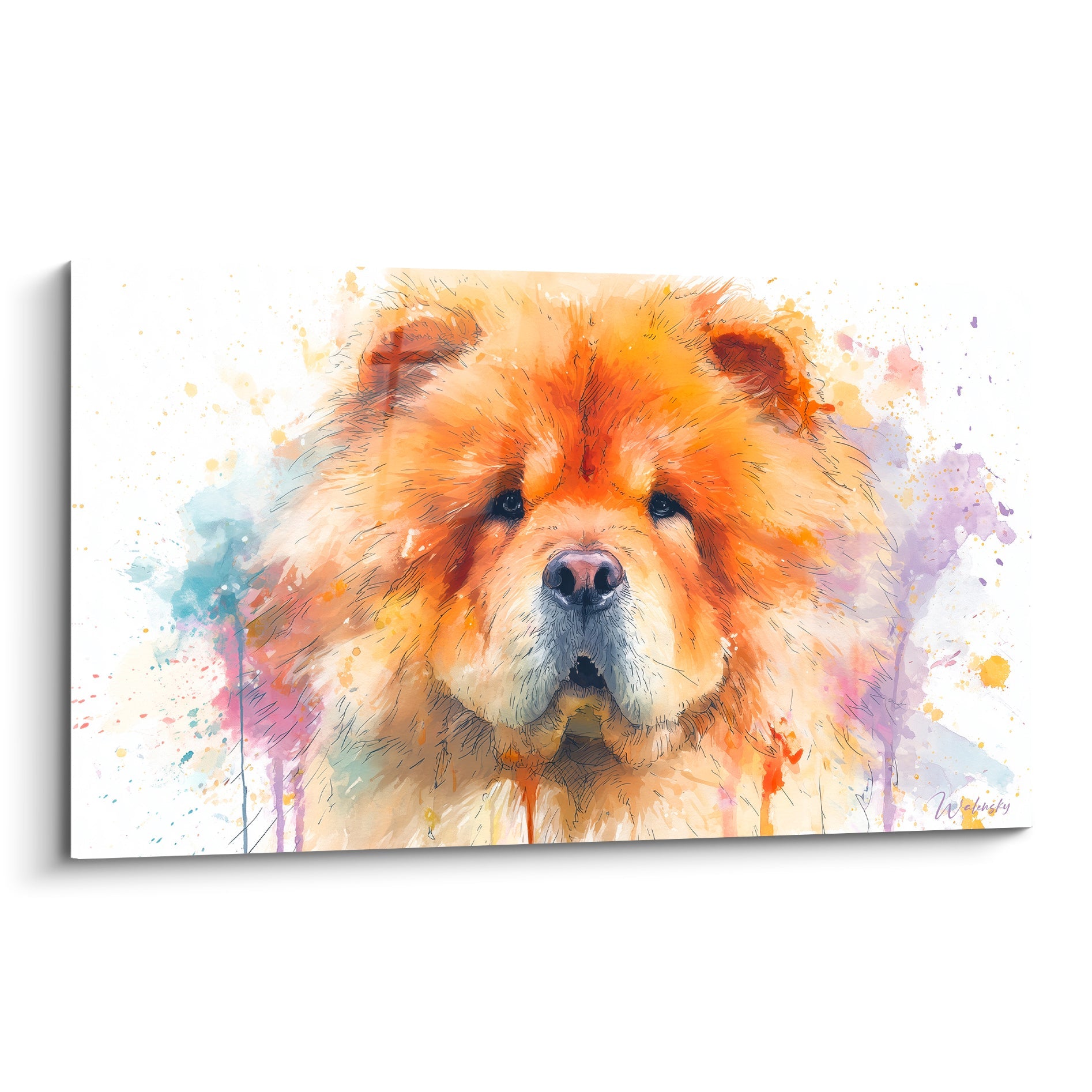 Tableau portrait aquarelle fauve à la fourrure ébouriffée face caméra - Regard Cuivré - Edition Chow Chow