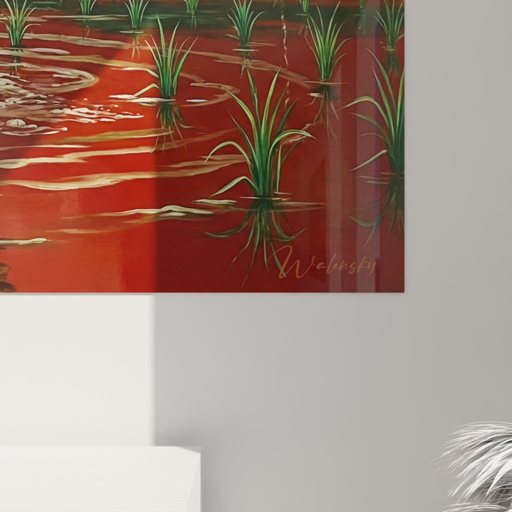 Vue d'ensemble œuvre murale Bullmastiff paysage dramatique, nuages verts échassiers, décoration intérieure moderne