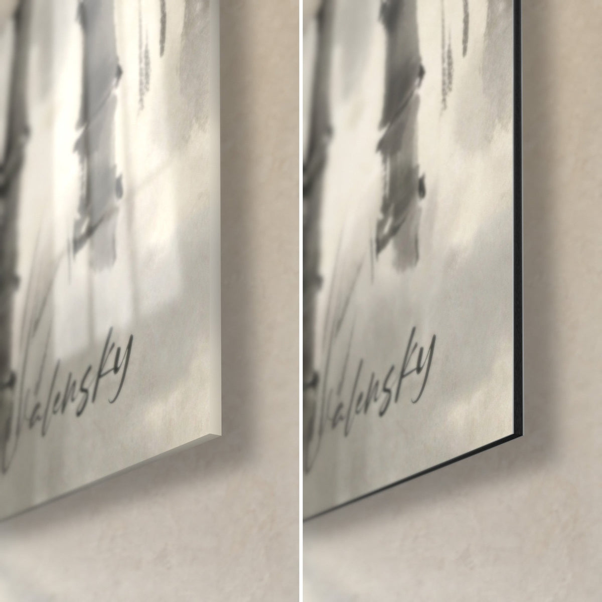 Wall art mastiff dog in ink, bottom right corner: glossy grey and white acrylic glass on the left, matte Dibond aluminium on the right, Walensky signature, 3 mm edge