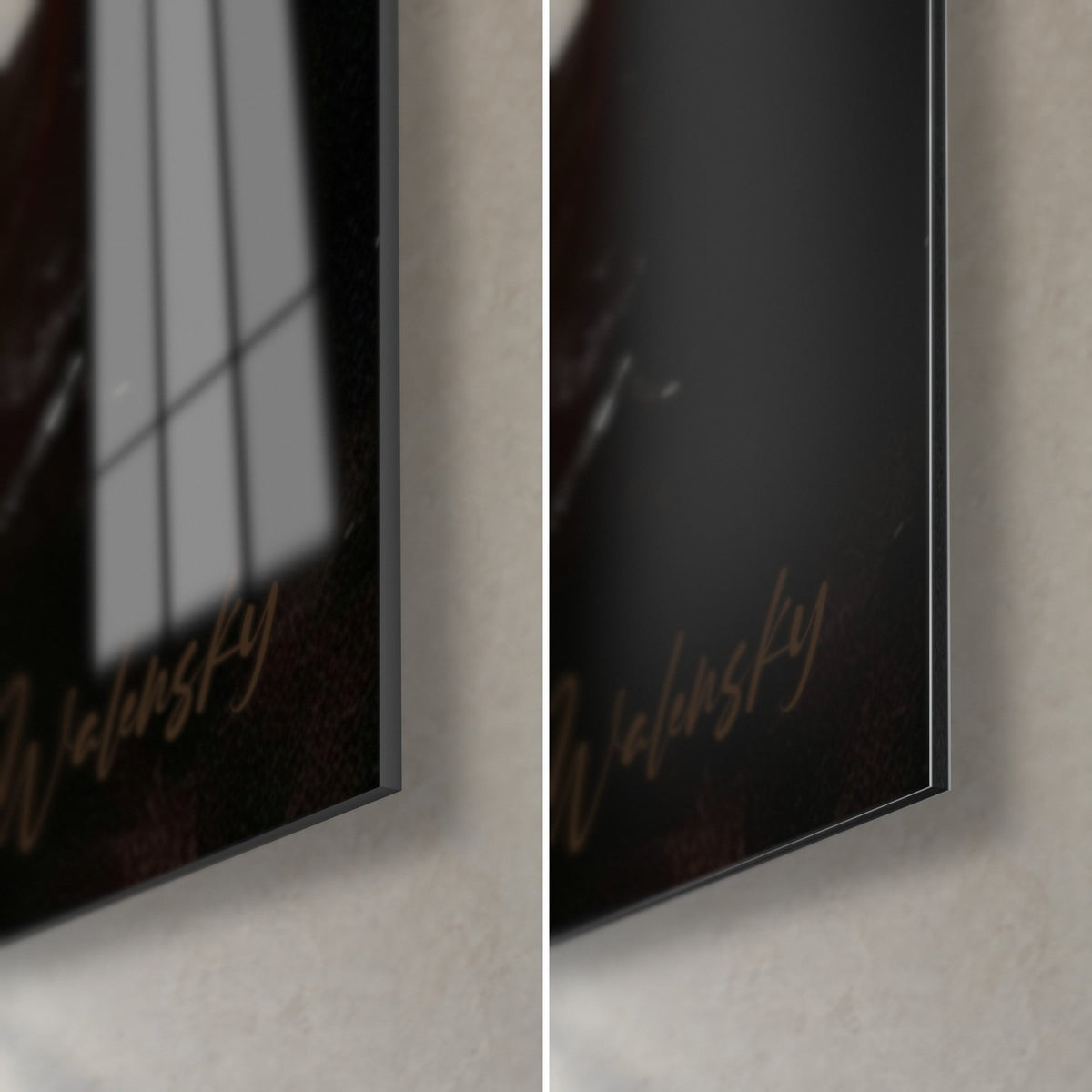 Wall art of a broken baseball bat, bottom right corner: glossy acrylic glass on the left, matte black Dibond on the right
