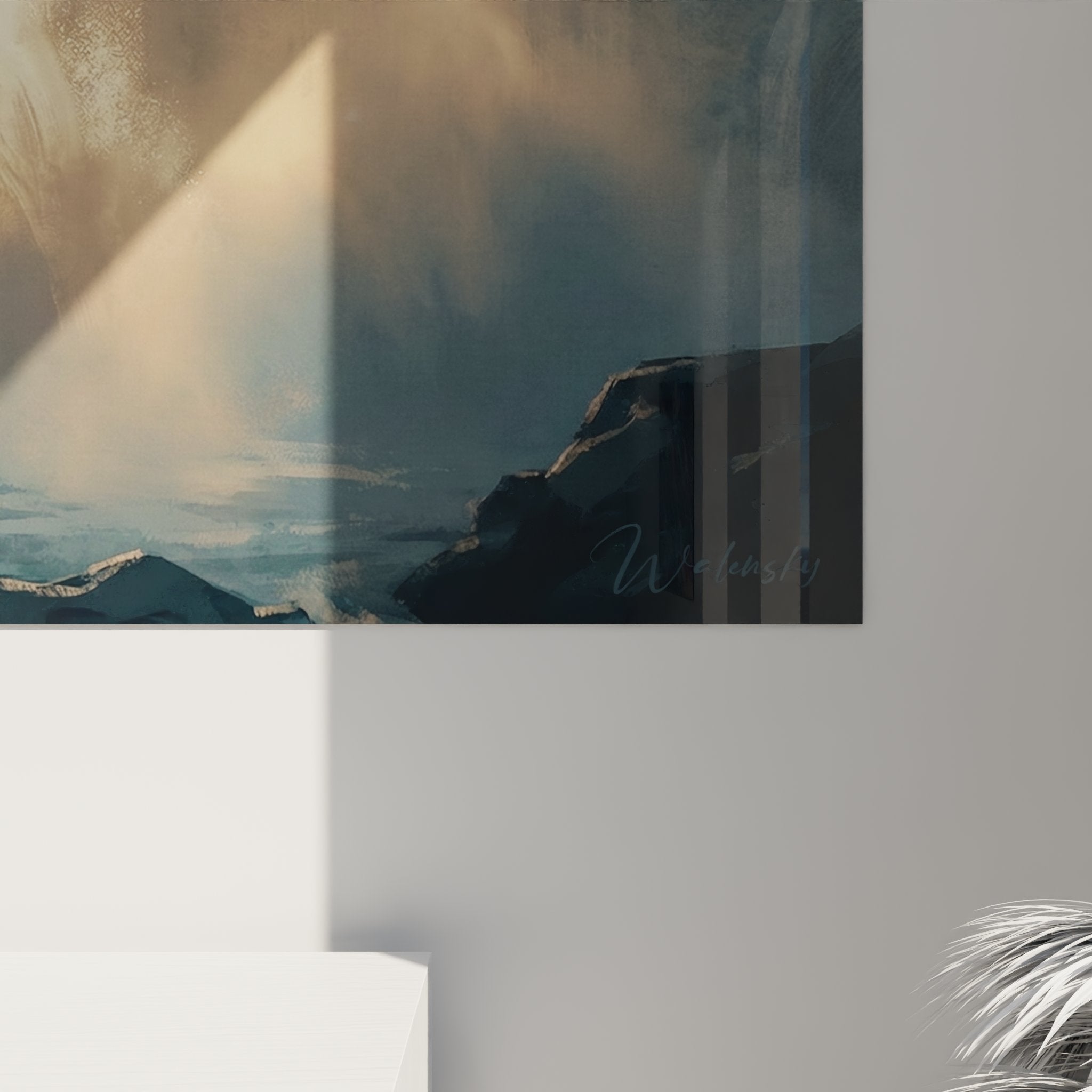 Overview of whitewater rafting waterfall wall art in contemporary interior creating extreme adventure atmosphere