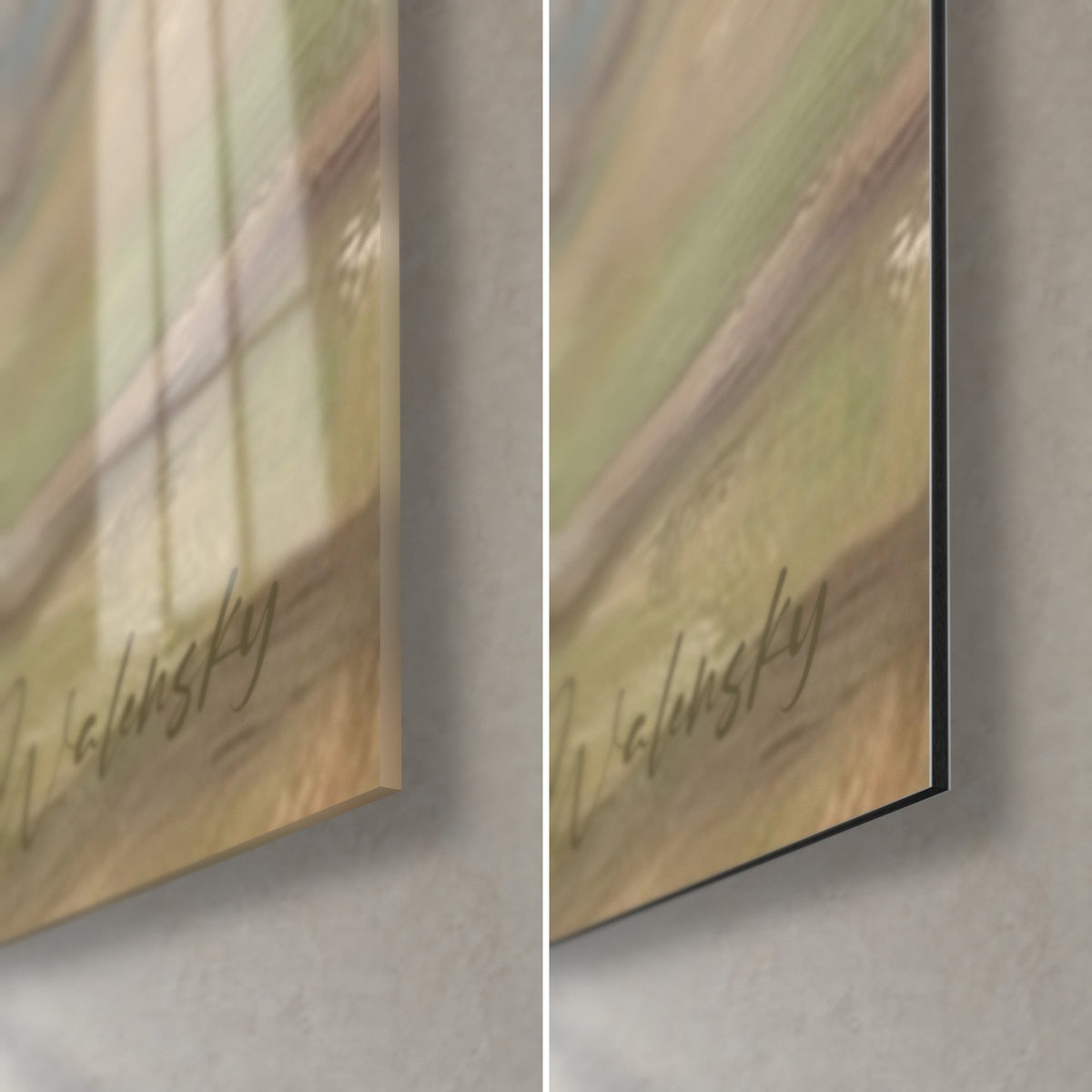 Tableau saut d'obstacle équestre, coin bas droit : verre acrylique brillant aux reflets vert sauge à gauche, Dibond mat à droite, tranche 3 mm