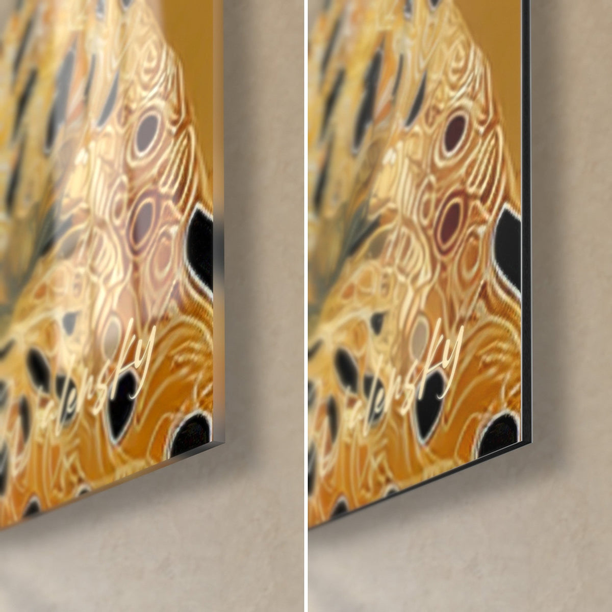Tableau fauve ocre et noir, coin bas droit : verre acrylique brillant à gauche, Dibond mat noir à droite, tranche 3 mm