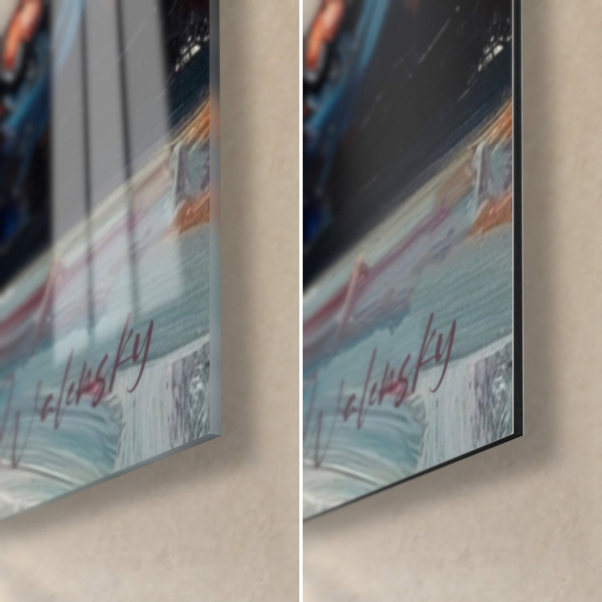 Gemälde triumphierender Boxer, Ecke unten rechts: glänzendes himmelblaues Acrylglas links, matte Dibond-Aluminium rechts, 3 mm Kante