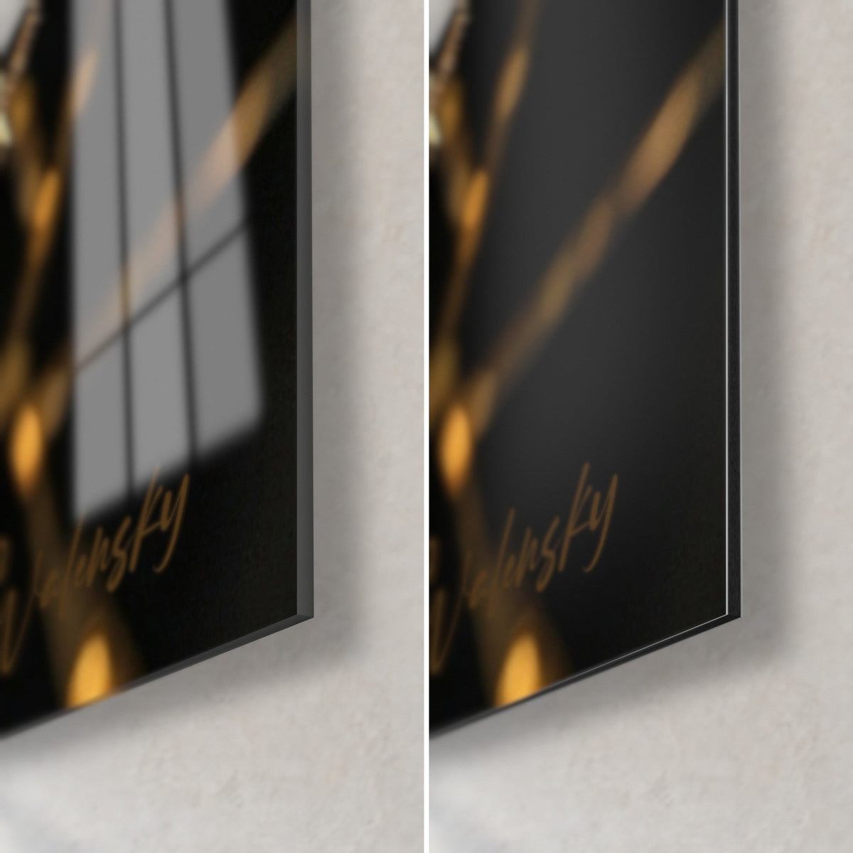 Wall art black and gold mosaic cat, bottom right corner: glossy acrylic glass on the left, matte Dibond aluminium on the right, 3 mm edge