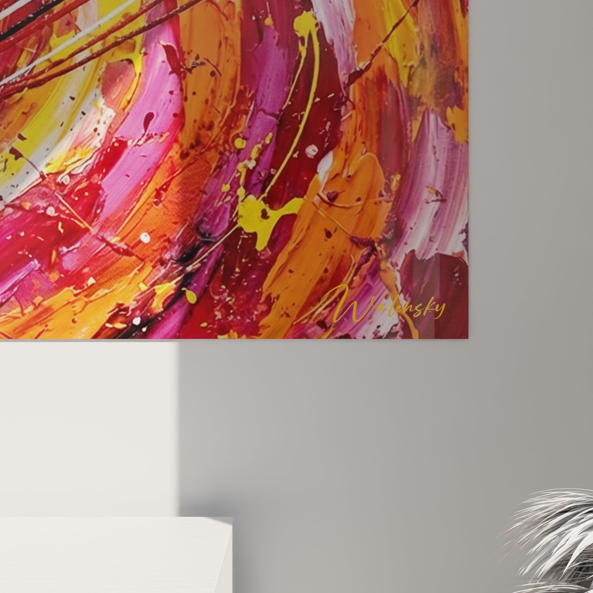 Overview of abstract flowing movement painting hung on wall modern interior decoration