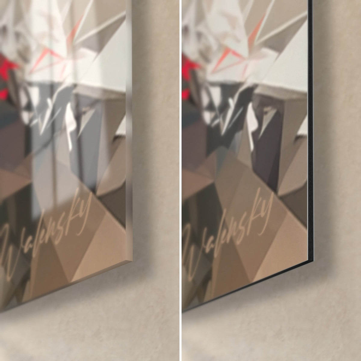 Wall art Toyger cat in polygonal style, bottom right corner: brown and grey triangles, golden signature, glossy acrylic on the left, matte Dibond on the right