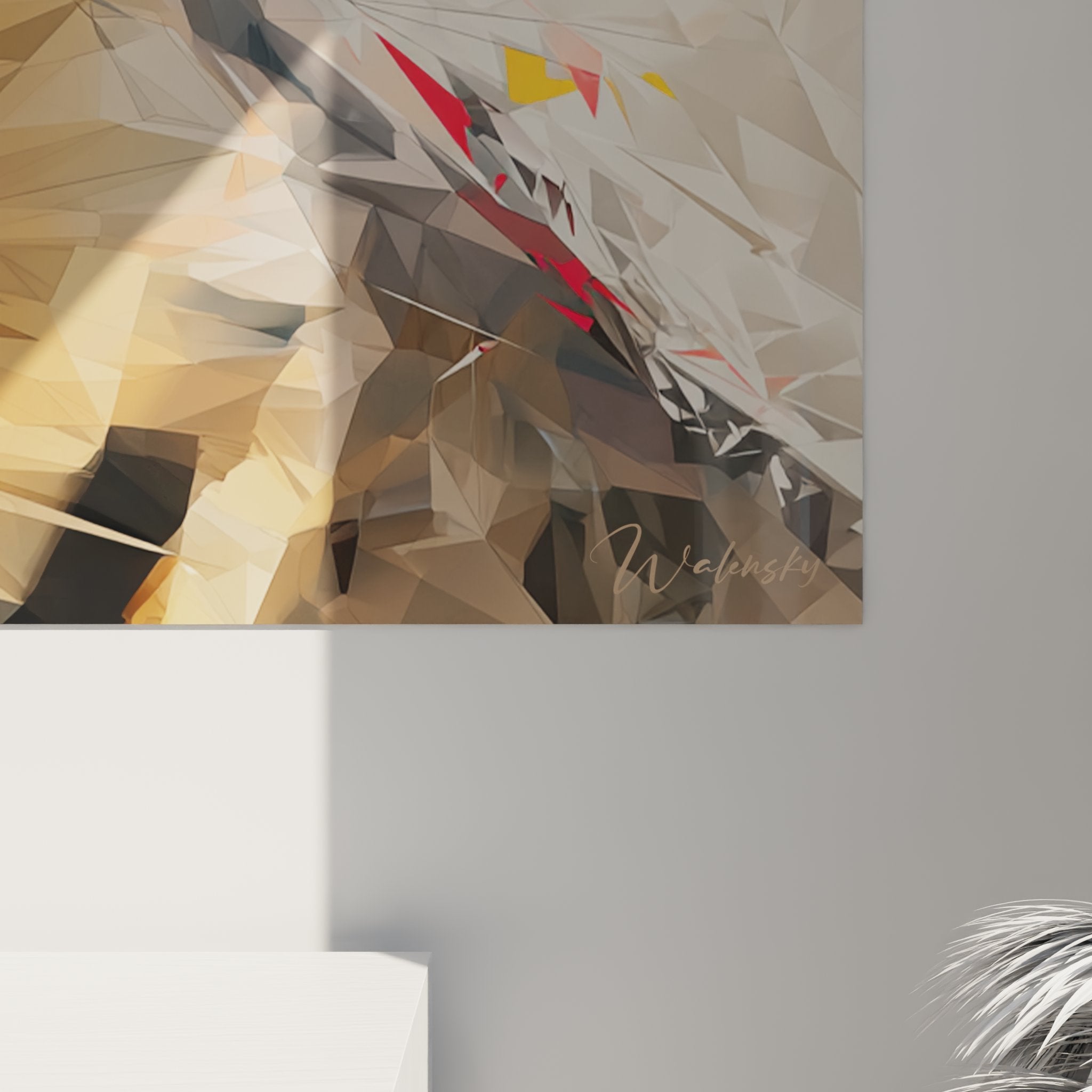 Vue ensemble tableau mural chat Toyger art polygonal decoration salon moderne style geometrique contemporain