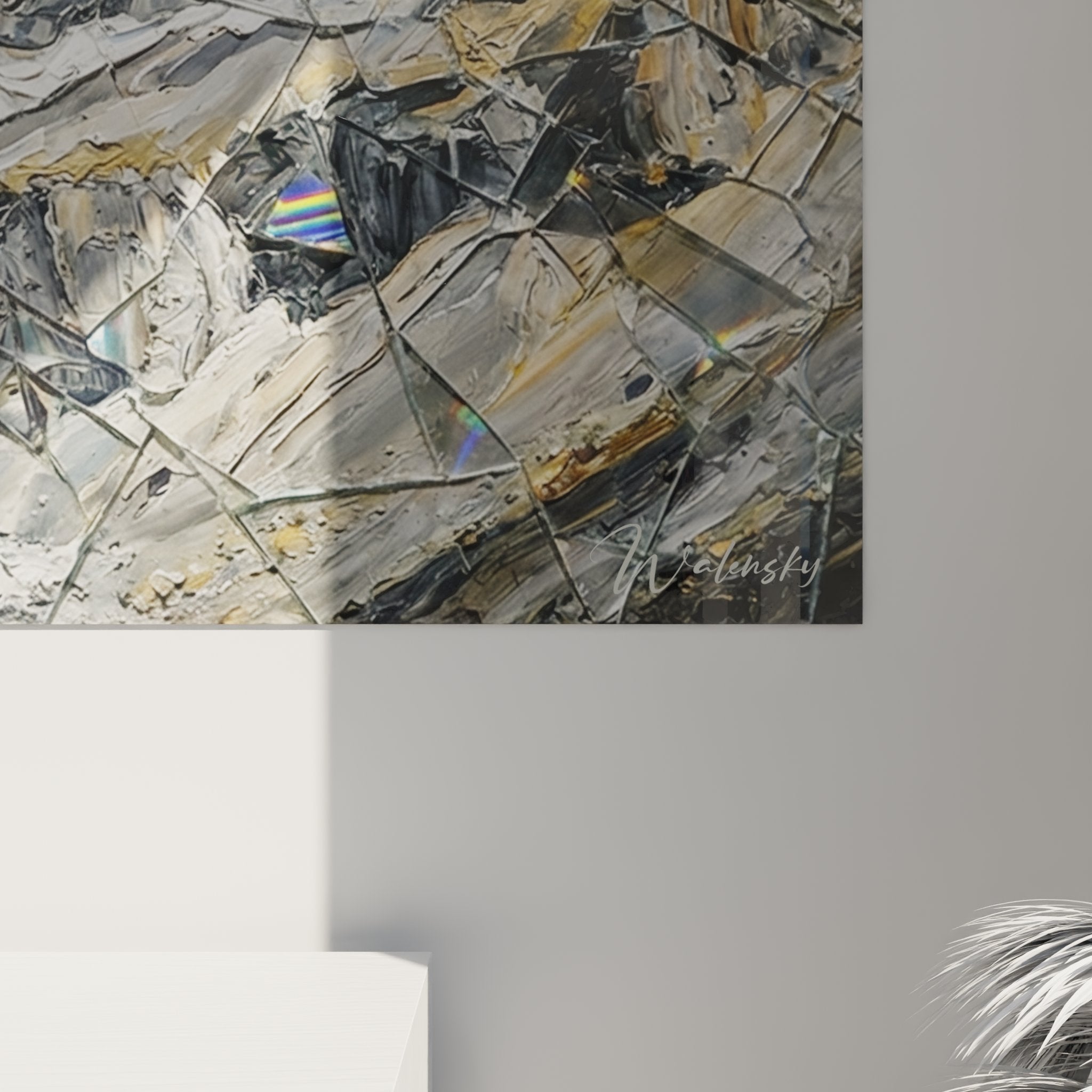 Vue d'ensemble œuvre montagne fragmentée avec effets kaléidoscope sur toile grand format