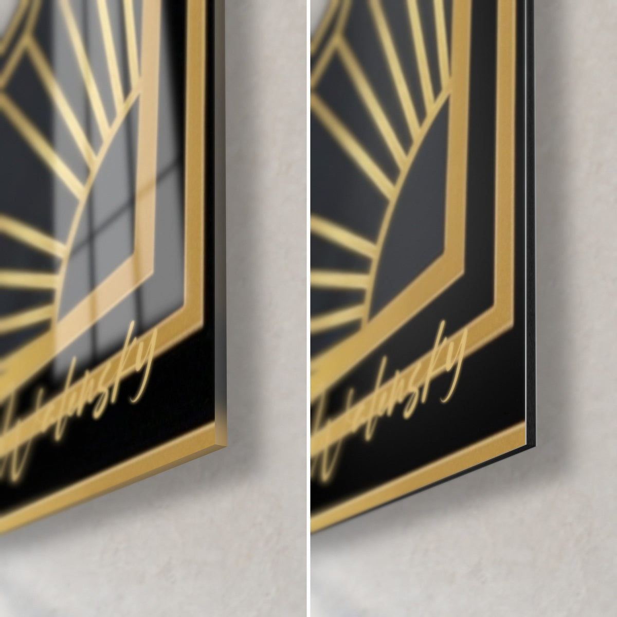 Wall art grey-blue cat, bottom right corner: glossy acrylic glass on the left, matte black Dibond on the right, gold border, 3 mm edge
