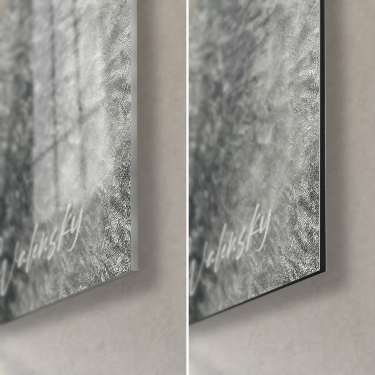 Wall art grey cat portrait, bottom right corner: glossy acrylic glass on the left, matte black Dibond on the right, 3 mm slim edge