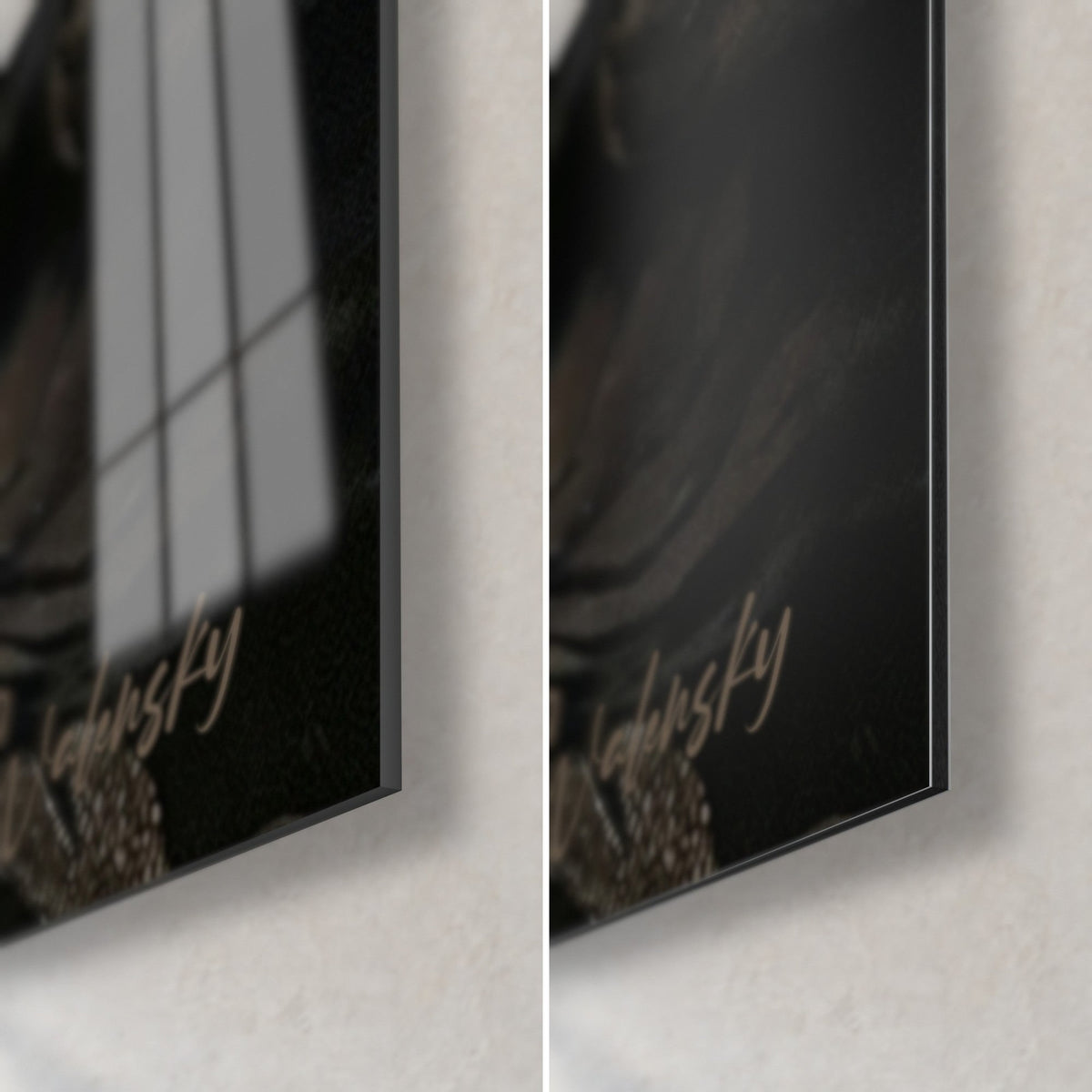 Wall art Lykoi cat with tousled bronzed fur, gold signature, bottom right corner: glossy acrylic glass on the left, matte black Dibond on the right