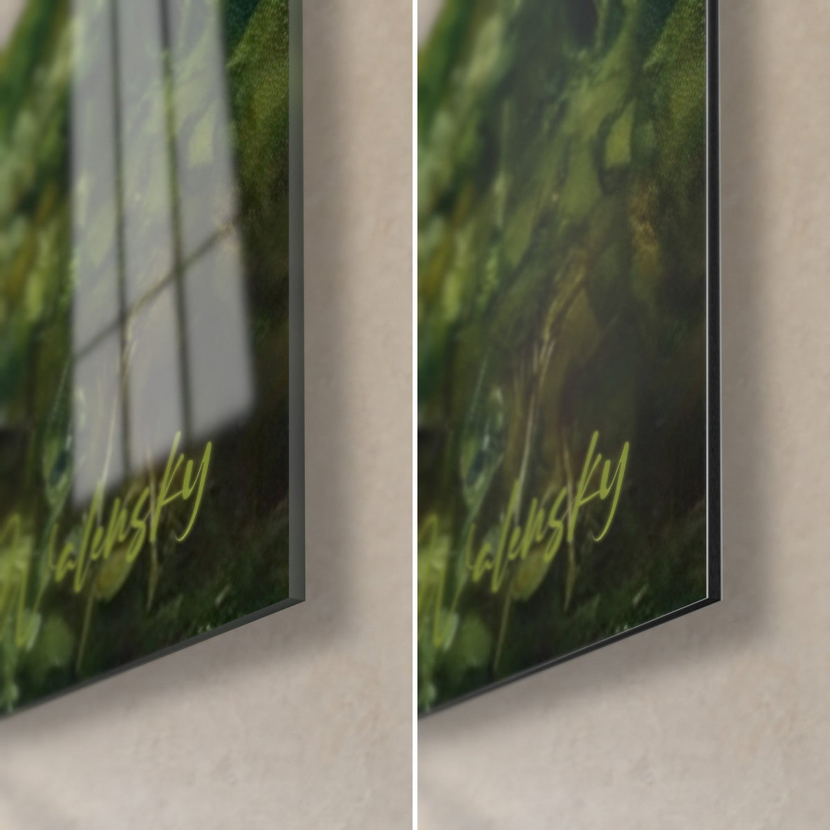 Quadro Foresta dei Vosgi, angolo in basso a destra: firma gialla su fogliame verde oliva, vetro lucido a sinistra, Dibond nero opaco a destra