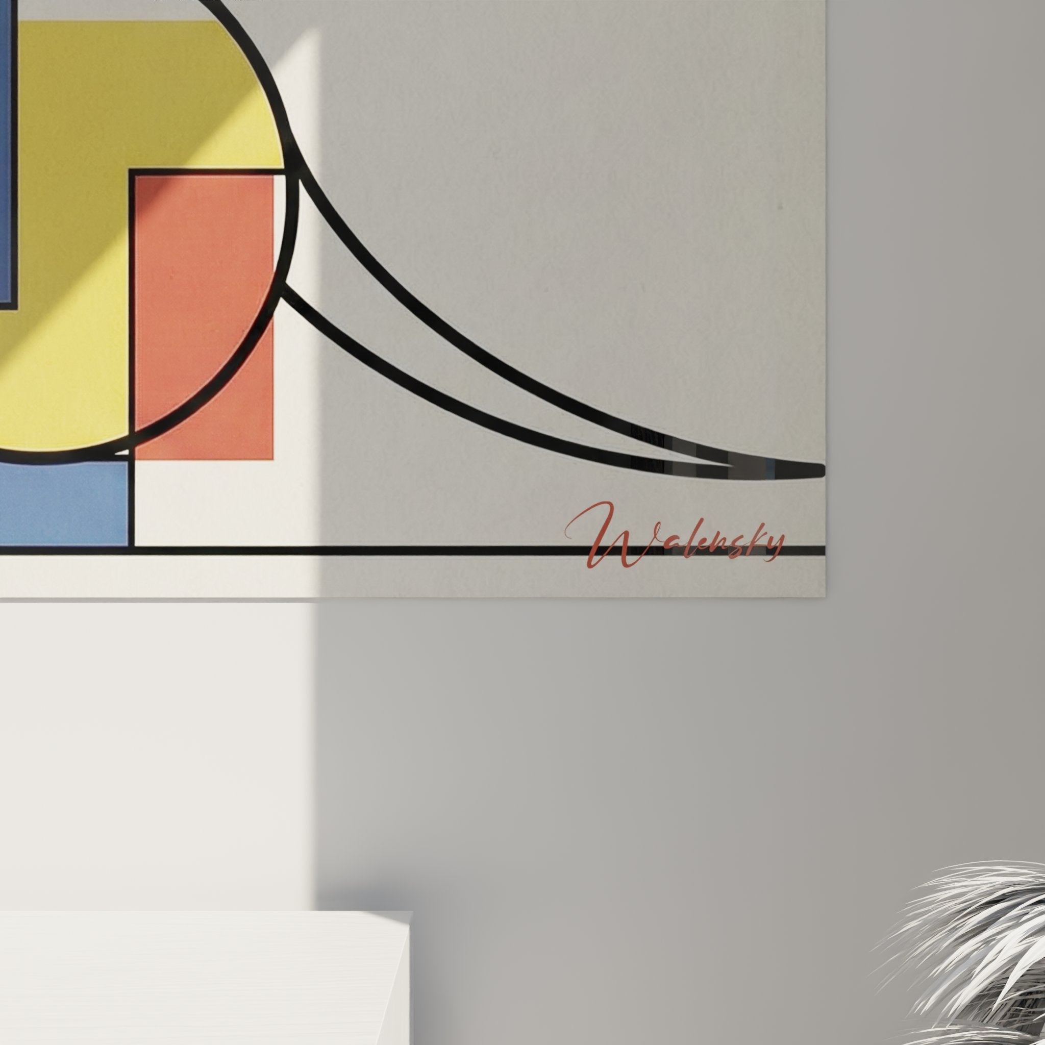 Vista d'insieme quadro da parete gatto astratto geometrico decorazione d'interni stile contemporaneo Bauhaus