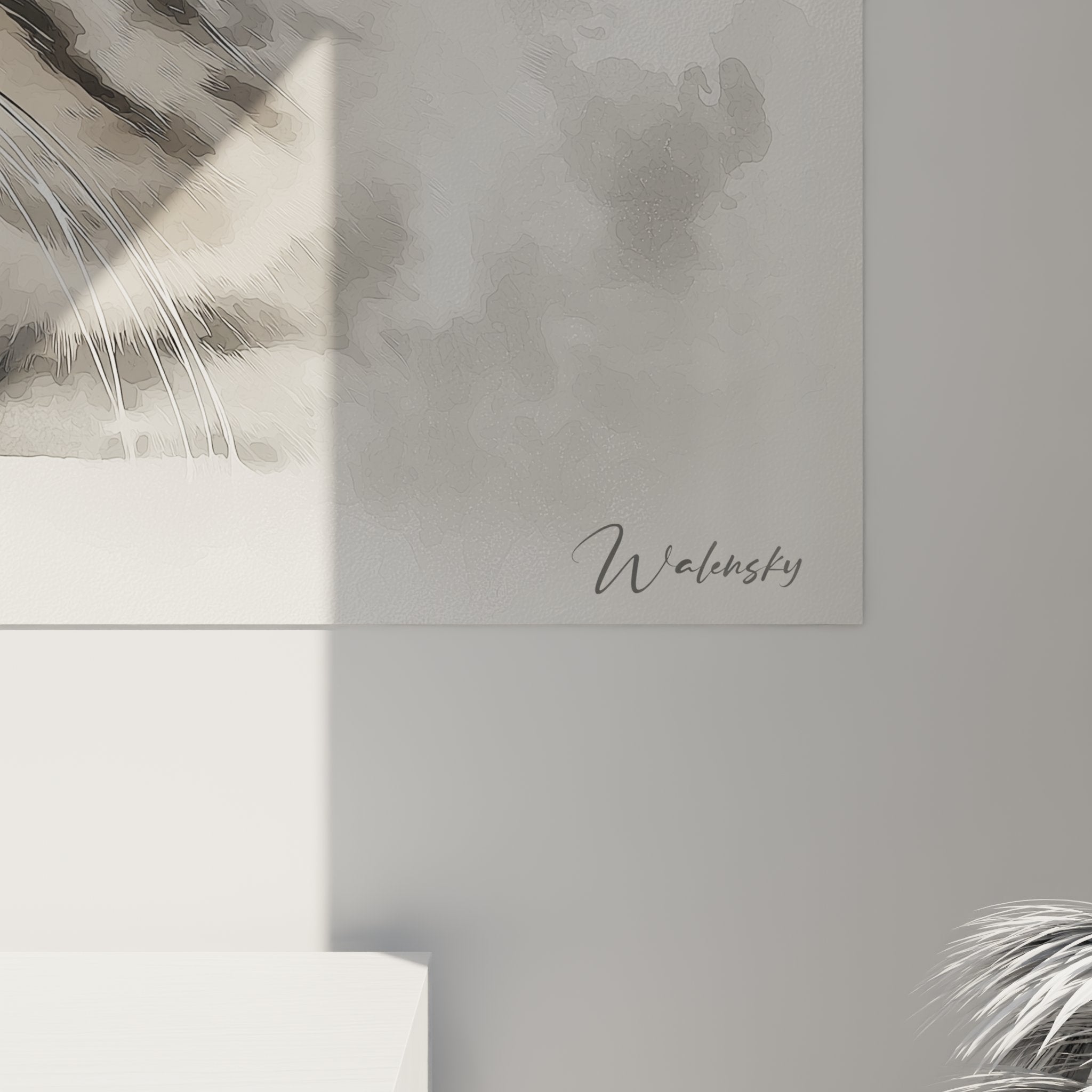 Vue d'ensemble tableau mural chat American Shorthair, technique aquarelle moderne pour décoration intérieure