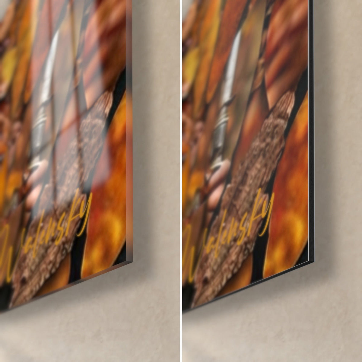 Wall art hunter in a leaf collage, lower right corner: glossy orange acrylic glass with reflections on the left, matte Dibond on the right