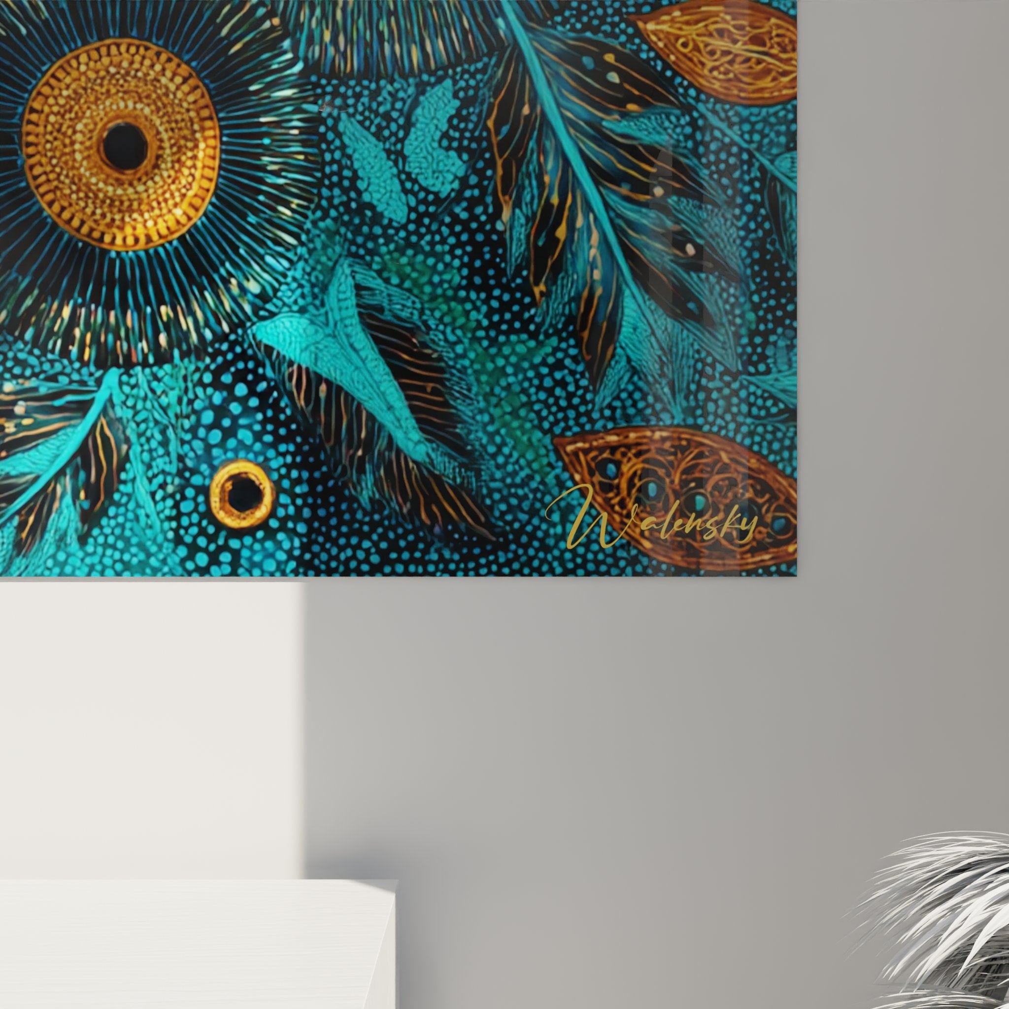 Übersicht abstraktes afrikanisches Wandbild mit floraler Komposition in Türkis und Gold modernes Design