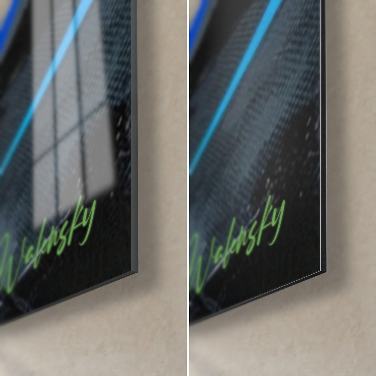 Wall art graffiti jet ski in the bottom right corner, glossy acrylic glass on the left, matte black Dibond aluminium on the right, green signature, 3 mm edge