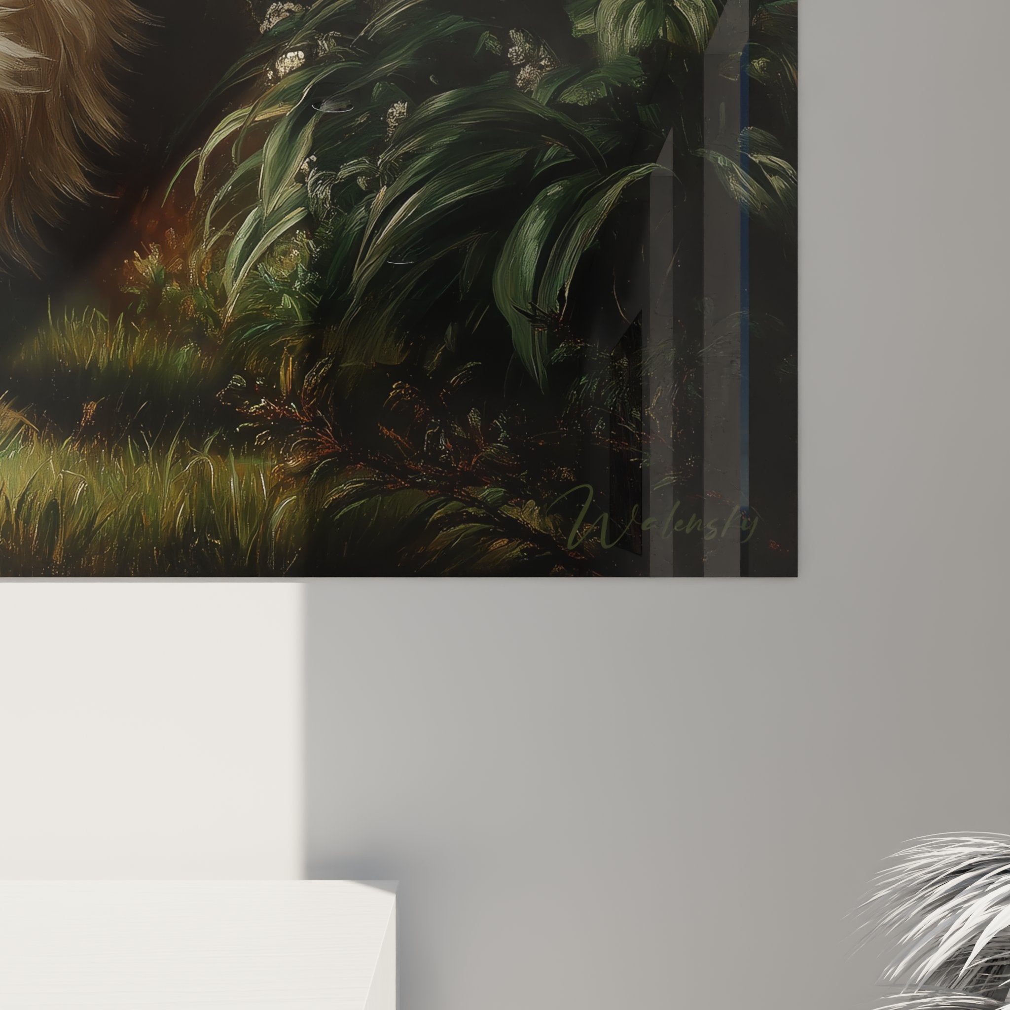 Overview of white majestic Turkish Angora cat wall art in classic garden décor setting