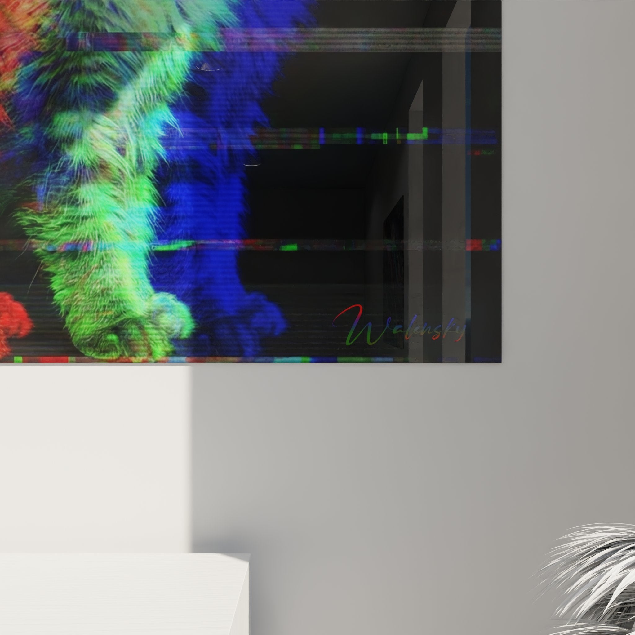 Gesamtansicht Wandgemälde Maine Coon Glitch Art moderne farbenfrohe Inneneinrichtung