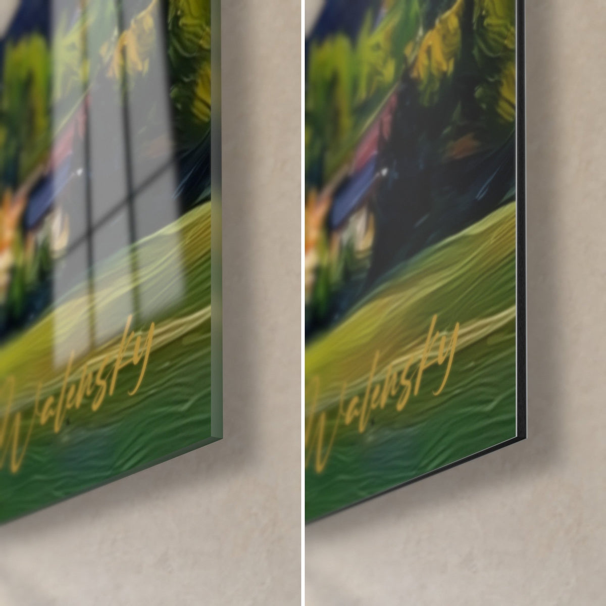 Wall art mountain church and vivid green meadow, lower right corner, golden Walensky signature, glossy acrylic glass and matte Dibond, 3 mm thickness