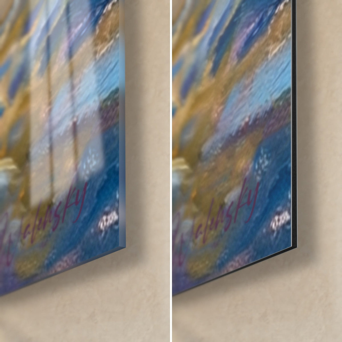 Wall art oil painting of whitewater descent, bottom right corner: blue and gold brushstrokes, white signature, glossy glass facing matte Dibond