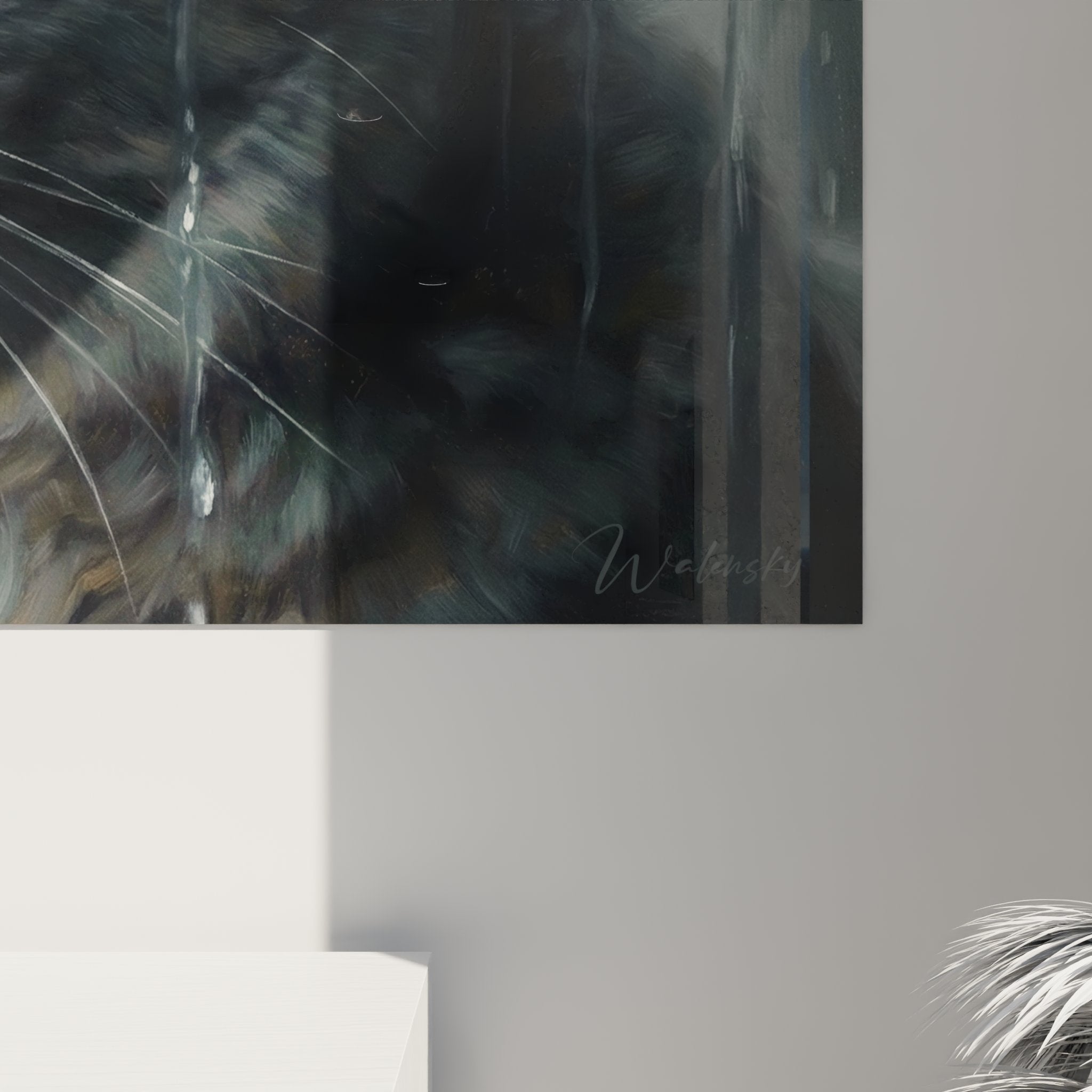 Vista completa del quadro murale gatto British shorthair pioggia, opera d'arte felina per decorazione d'interni