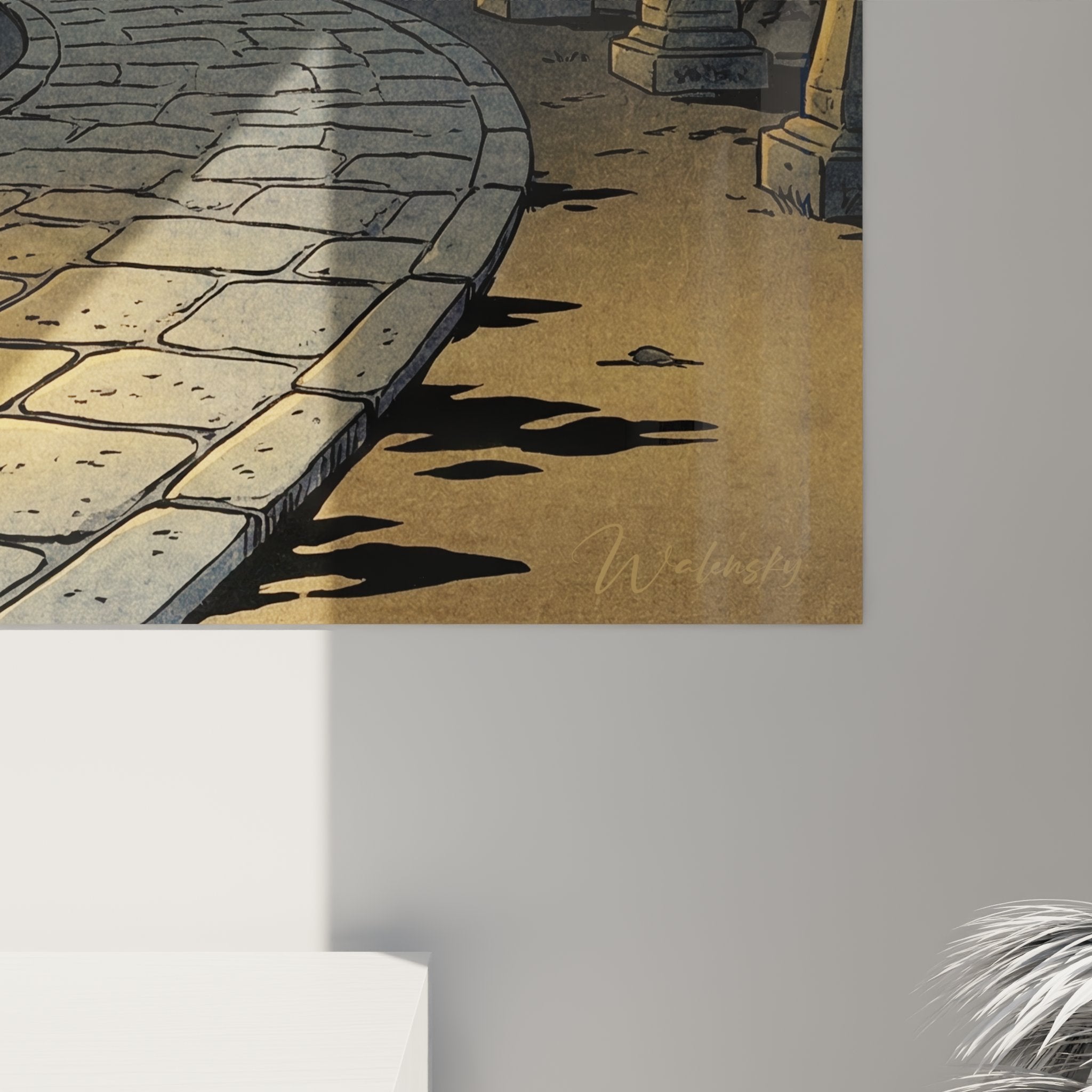 Vue ensemble tableau chat Japanese Bobtail temple japonais nuit cerisiers fleurs lanternes illuminees