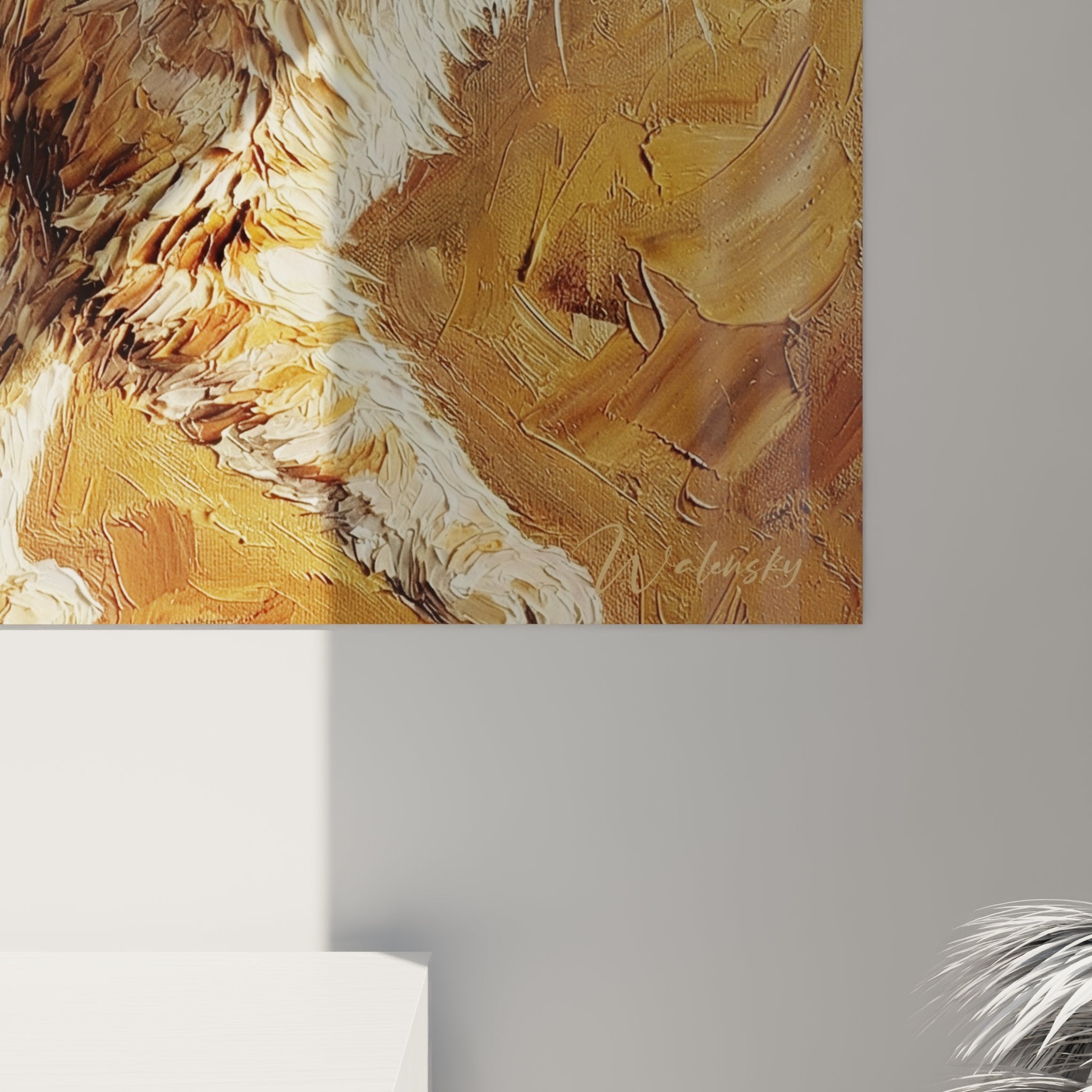 Vue ensemble tableau mural chat American Curl tons dorés parfait pour décoration intérieure élégante