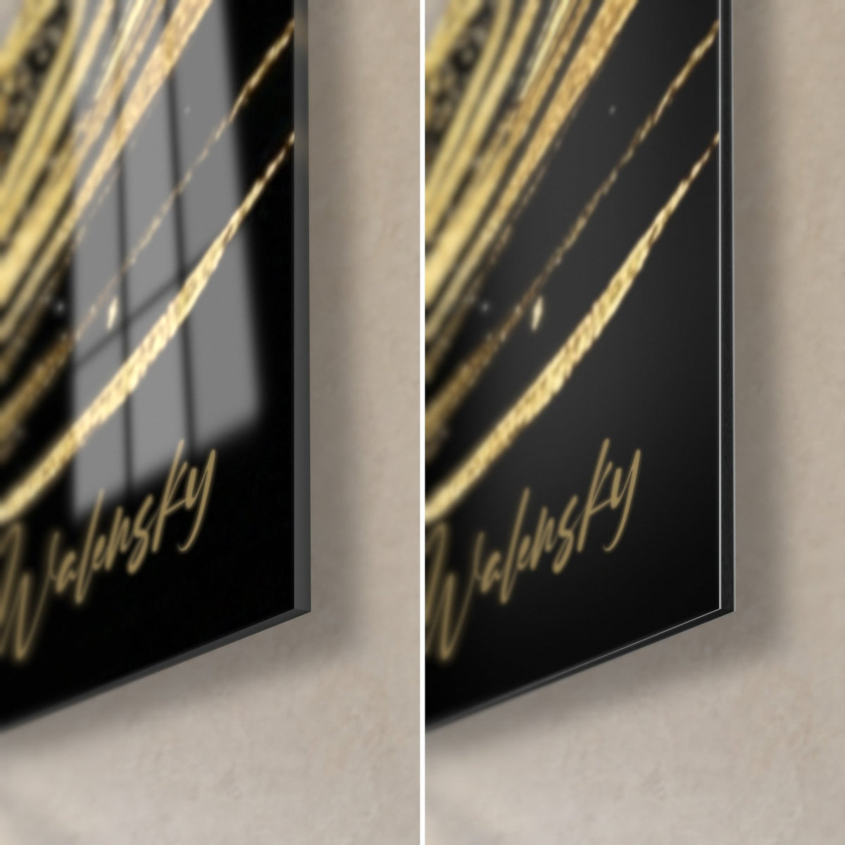 Tableau canoë-kayak en feuille d'or sur noir, coin bas droit : verre acrylique brillant à gauche, Dibond mat à droite, tranche 3 mm