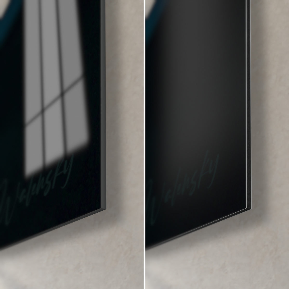 Tableau danseuse de lumière en spirales blanches sur fond bleu sombre, coin bas droit en verre brillant et Dibond noir mat, tranche 3 mm