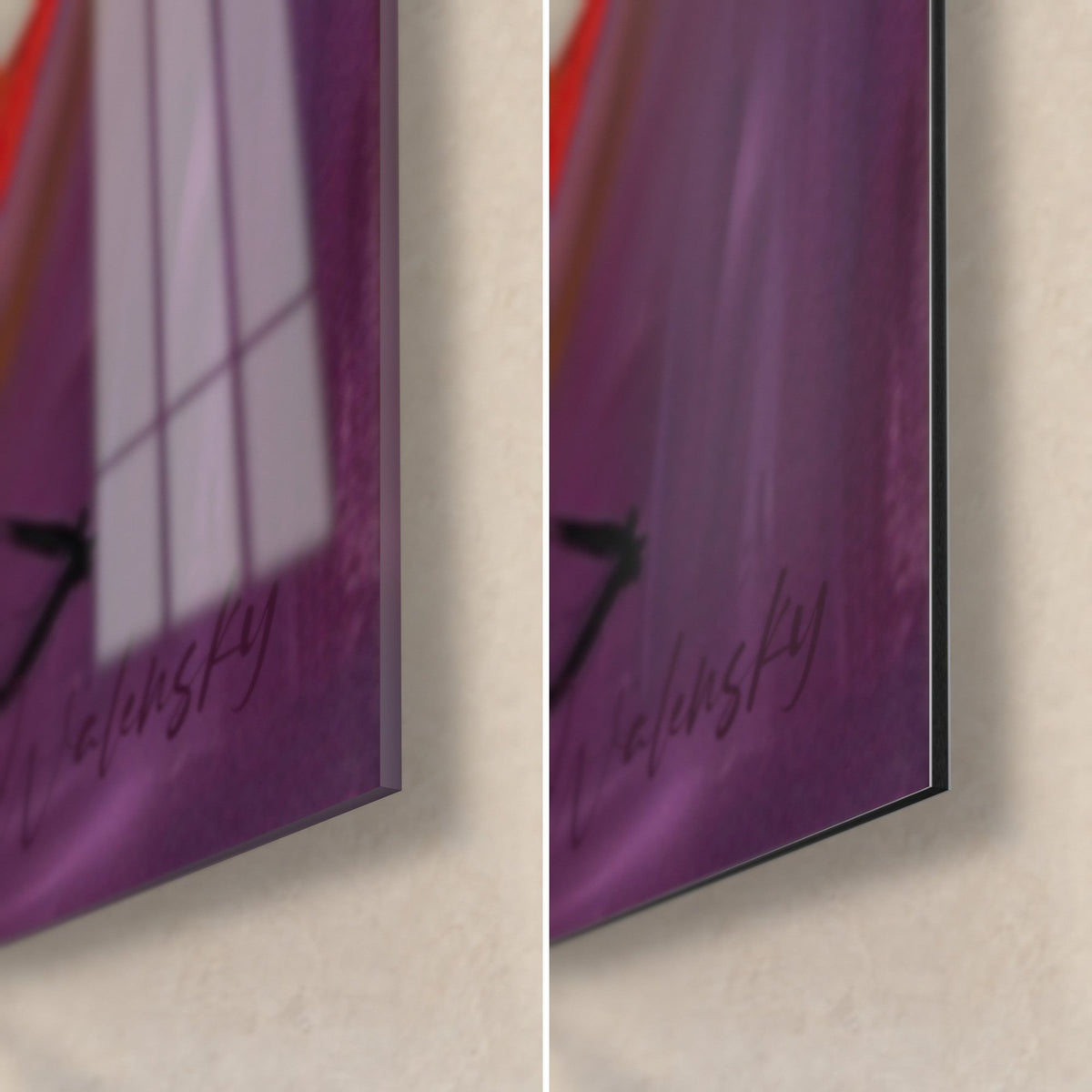 Wall art of a juggler painted in oil, Walensky signature in the bottom right corner, glossy glass on the left, matte black Dibond on the right