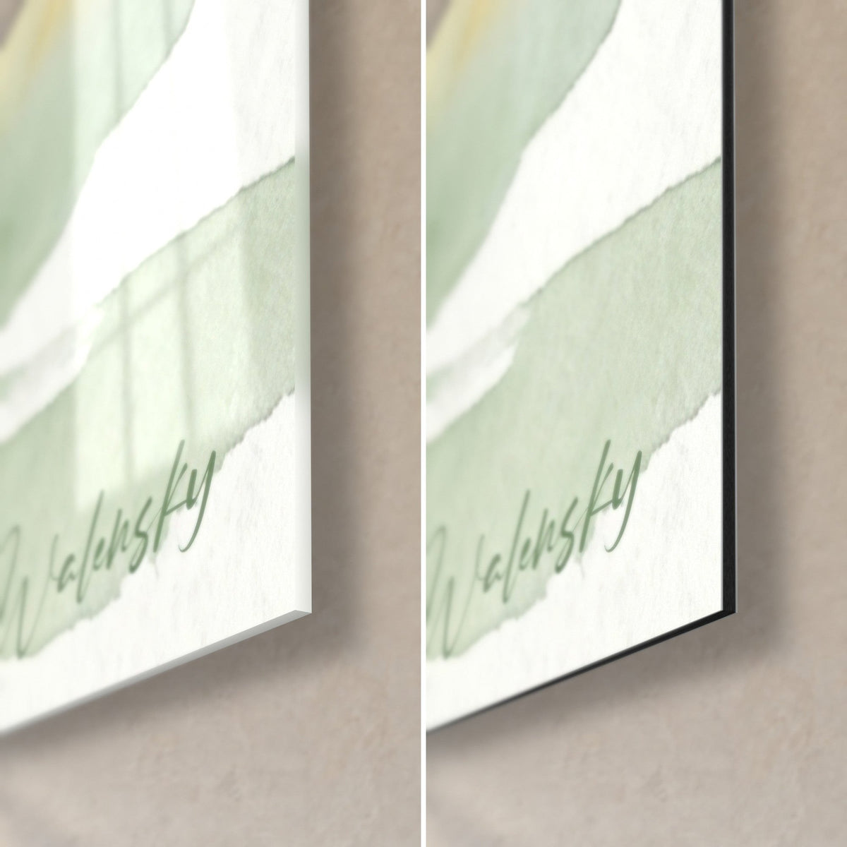 Gemälde Golfspieler in Aquarell, unten rechts: glänzendes Acrylglas links, mattes Dibond rechts, grüne Signatur, 3 mm Kante