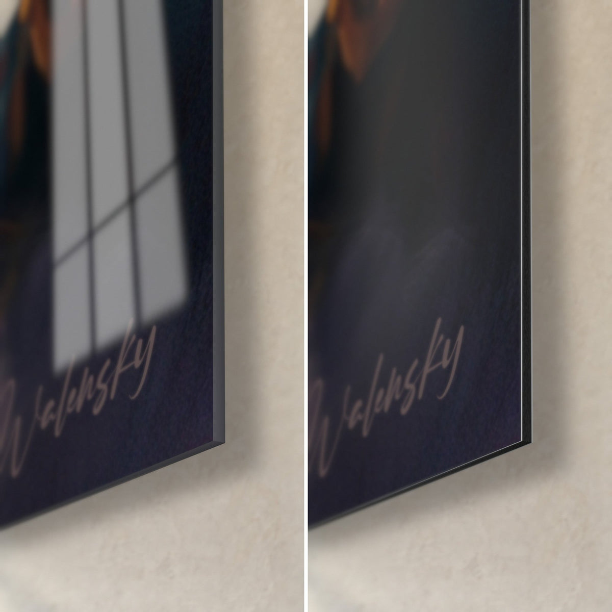Wall art of a hooded boxer with pink Walensky signature, bottom right corner: glossy glass on the left, matte Dibond on the right, black edge