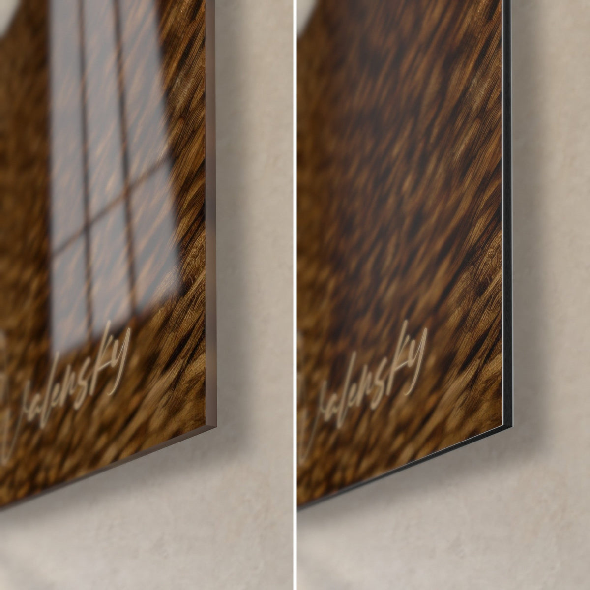 Tableau chat roux au pelage tigré, coin bas droit : verre acrylique brillant à gauche, alu Dibond mat brun à droite, tranche 3 mm