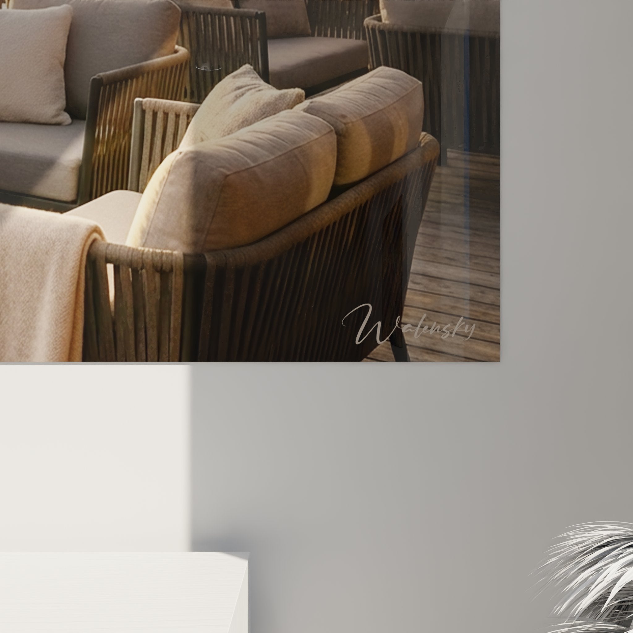 Vue ensemble tableau chalet montagne dans salon, décoration murale terrasse luxe après-ski snowboard