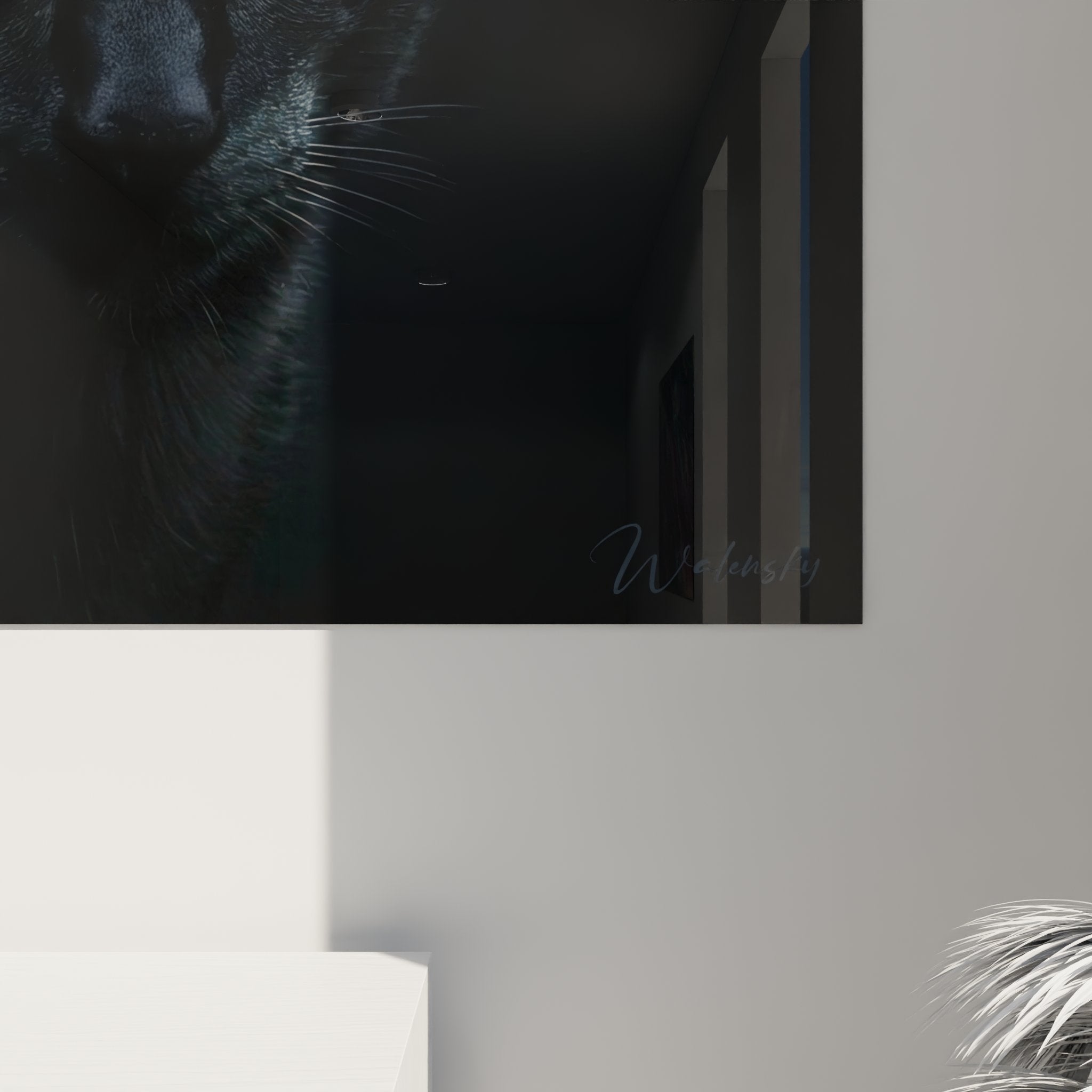 Vue d'ensemble tableau chat Oriental noir dans salon contemporain, art mural félin élégant et décoratif moderne