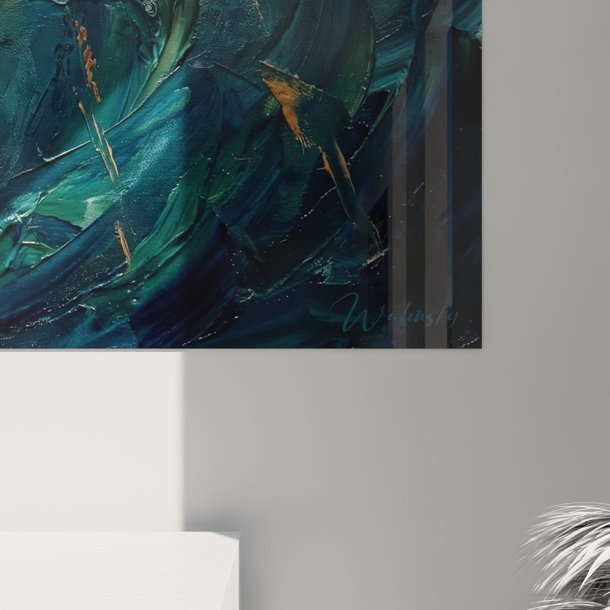 Overview of underwater storm painting, dynamic composition of turbulent ocean depths