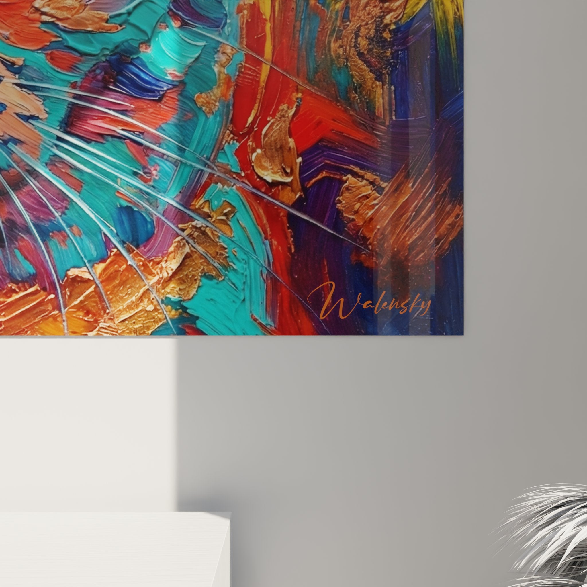 Vue ensemble tableau chat British Shorthair art mural expressionniste couleurs vives decoration interieur