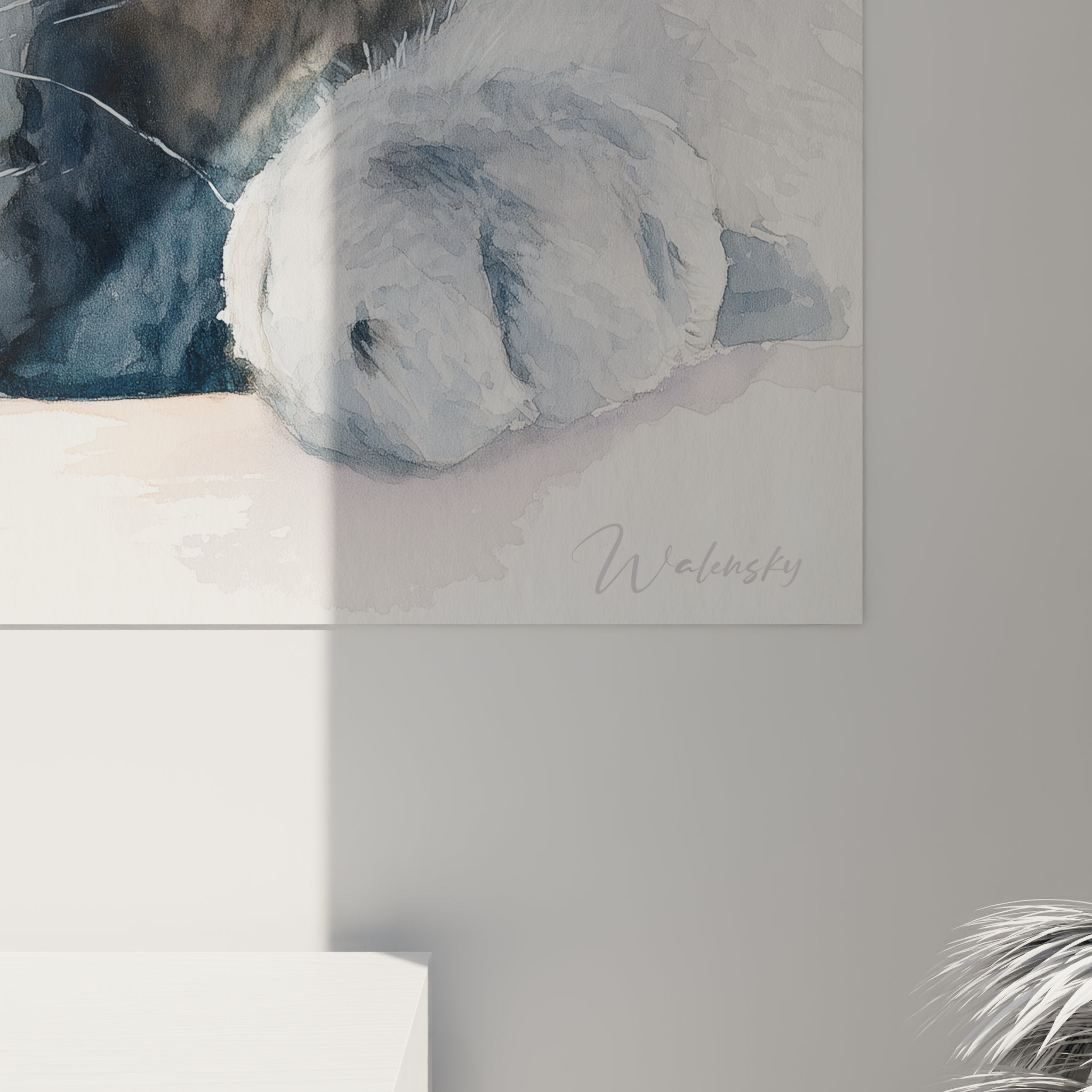 Vue ensemble tableau mural chat Chartreux style aquarelle decoration interieur moderne fond rose poudre